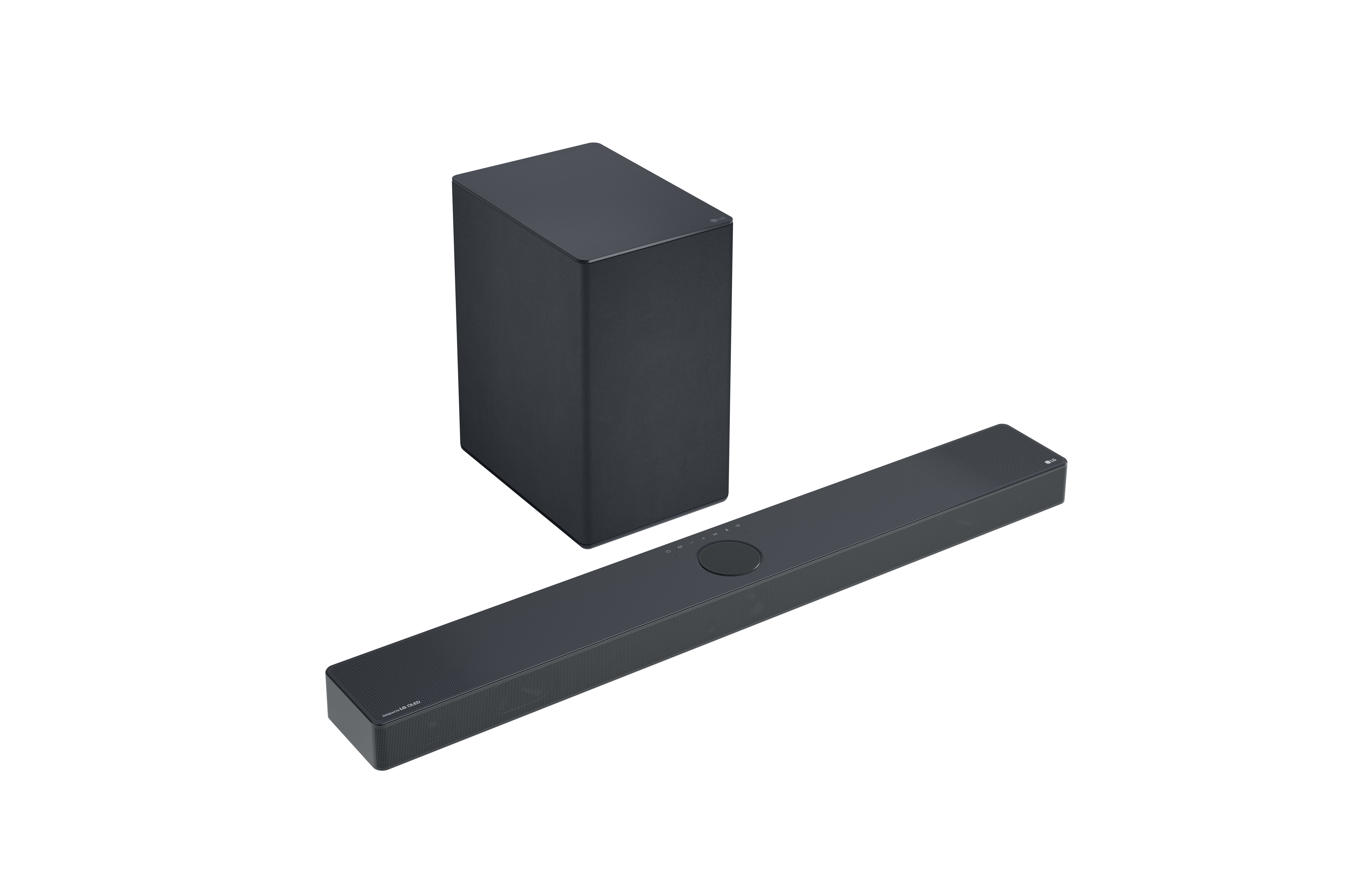Eine schwarze LG Soundbar und ein Subwoofer werden gezeigt. Die Soundbar ist lang und dünn.