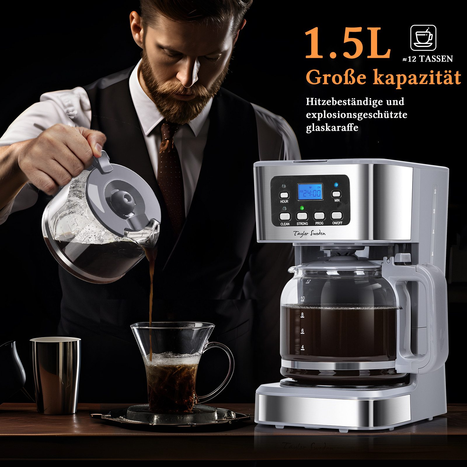 Hombre vertiendo café de una jarra en un vaso, con una cafetera a la derecha.