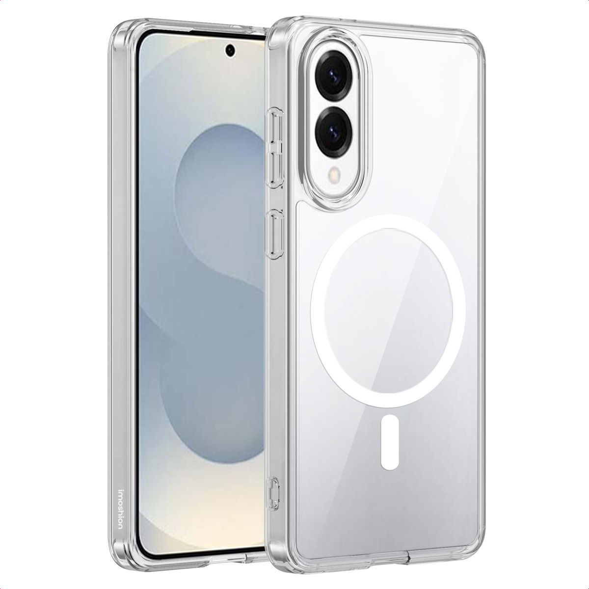Una custodia trasparente per telefono con un anello bianco. Un telefono è all'interno della custodia.