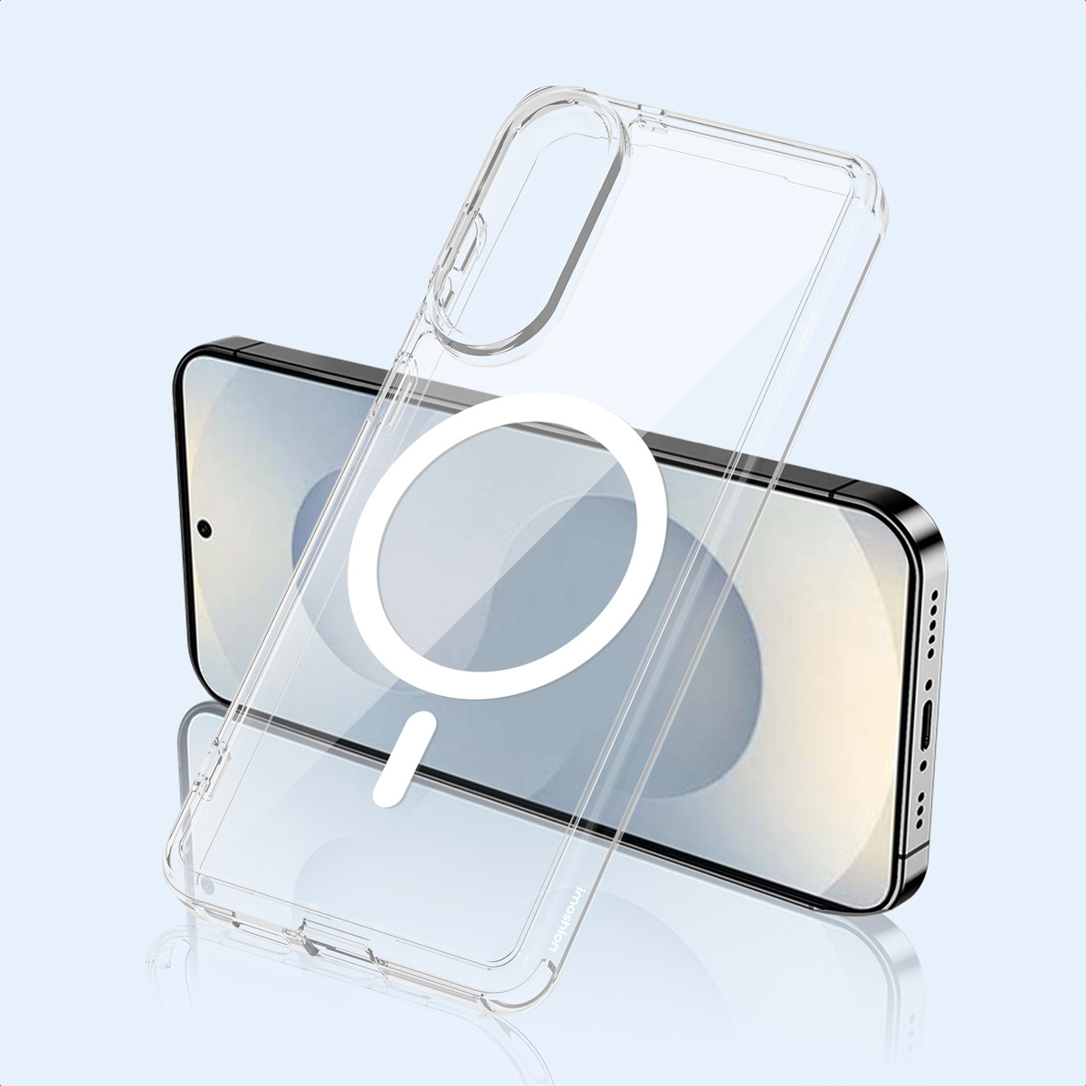 Una custodia trasparente per telefono con un cerchio bianco e un telefono nero all'interno.