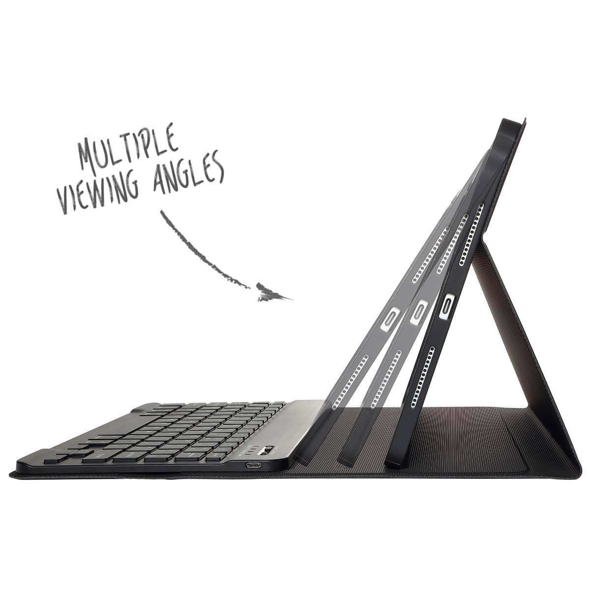 A tablet with a keyboard case, showing multiple viewing angles in a white background.