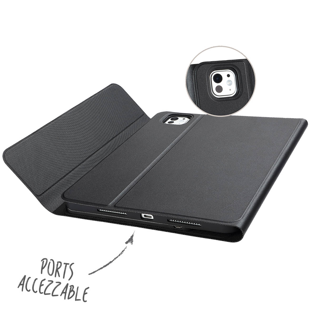 Black iPad case open on white. Shows the case, ports, and a camera. A note on the left.