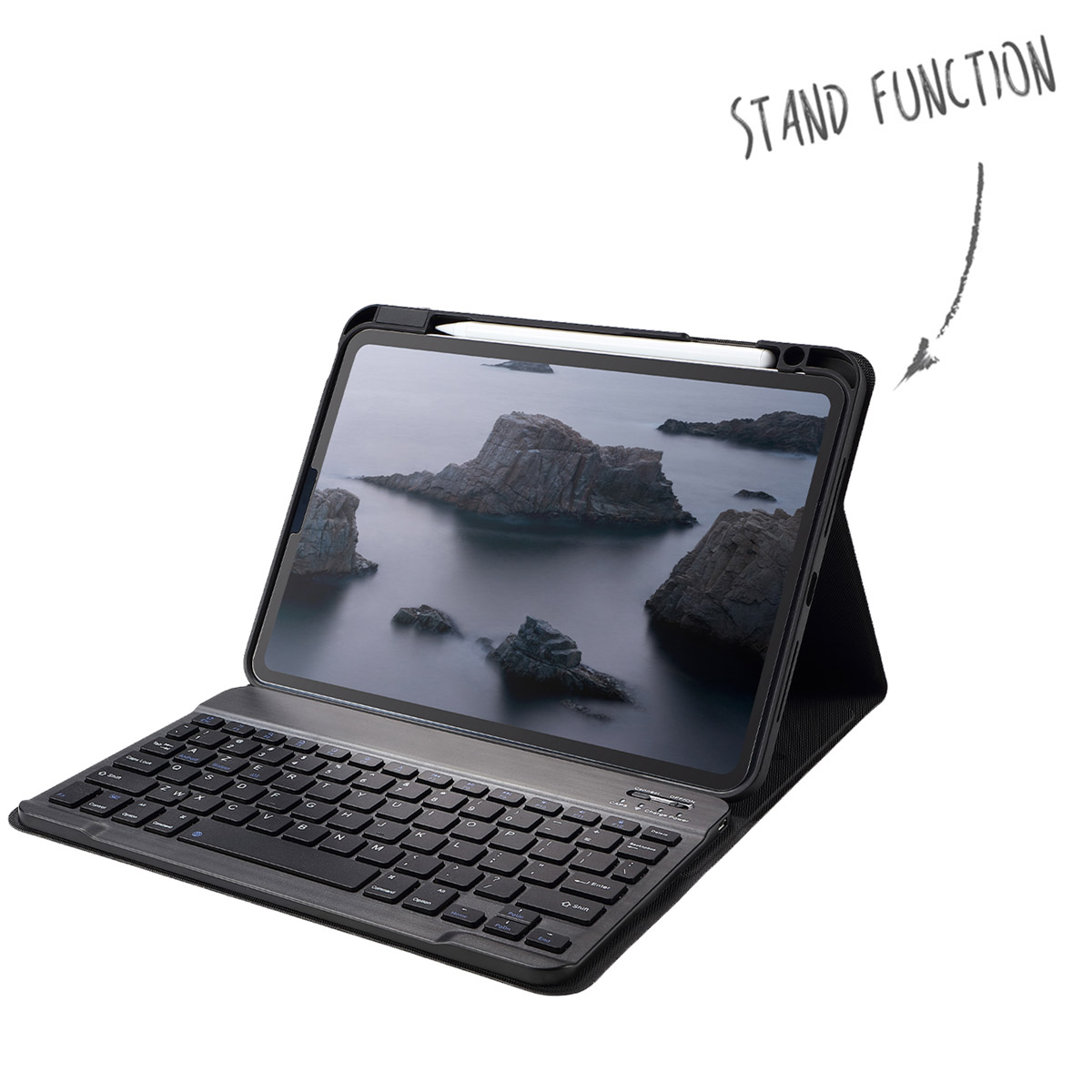 Black tablet case with a keyboard and stand. A stylus is inserted. The screen shows a rocky landscape.