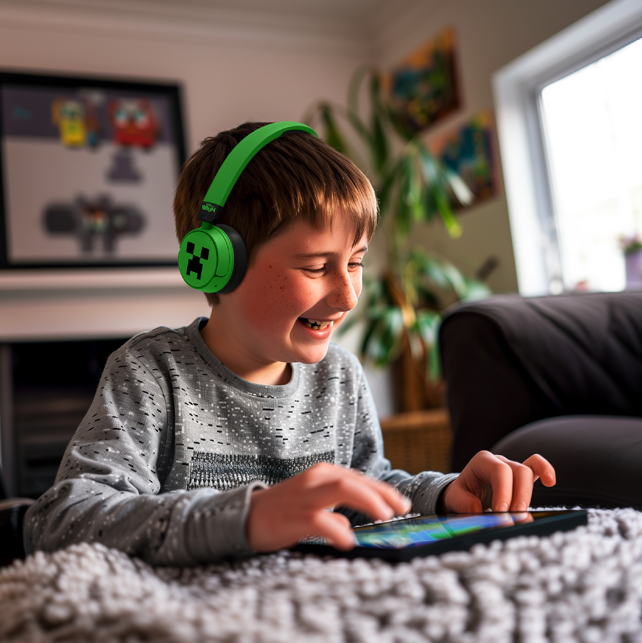 Junge mit grünen Minecraft-Kopfhörern, lächelnd, während er ein Tablet auf einem flauschigen Teppich benutzt.