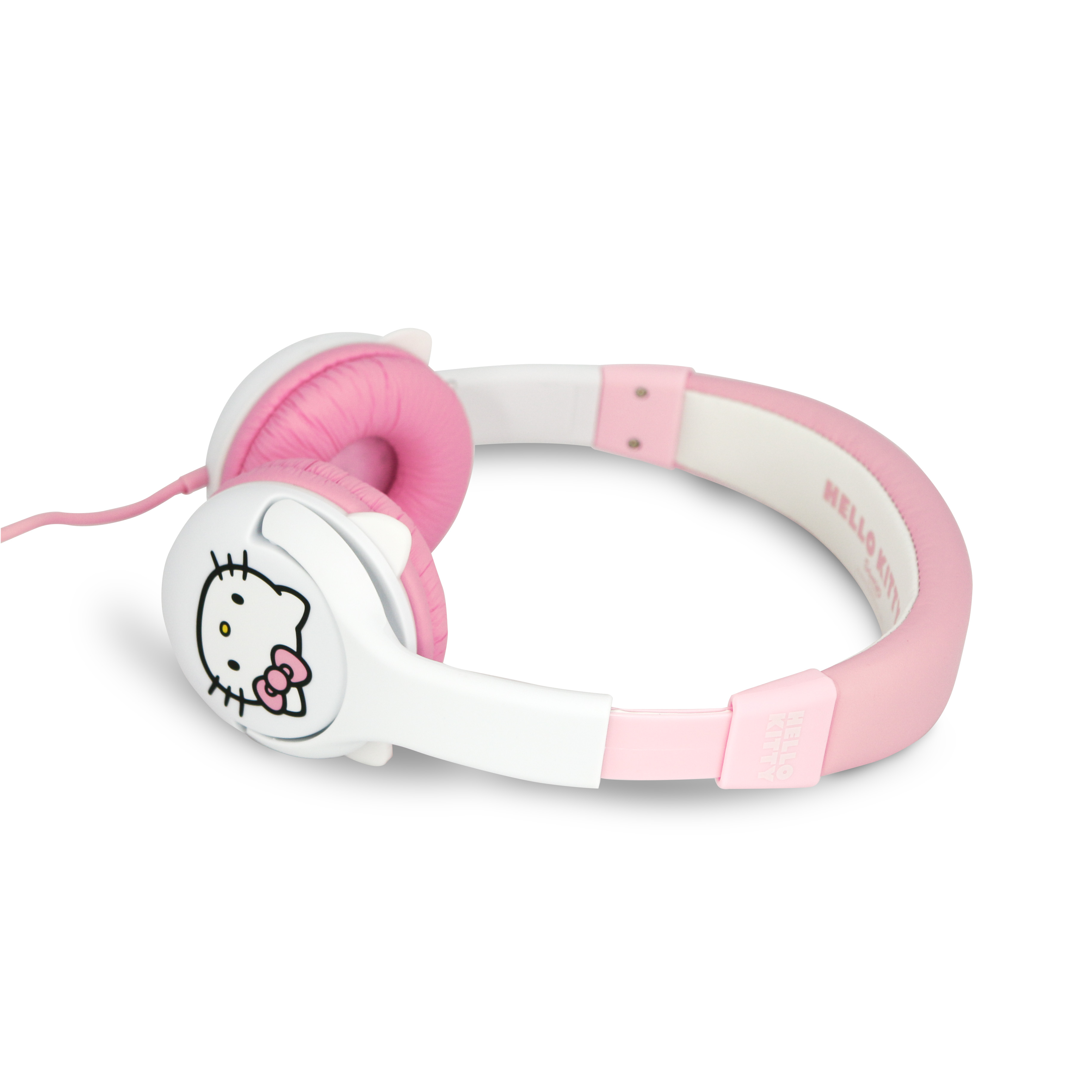 Hello Kitty headphones, pink and white design. A pink cable is attached.
