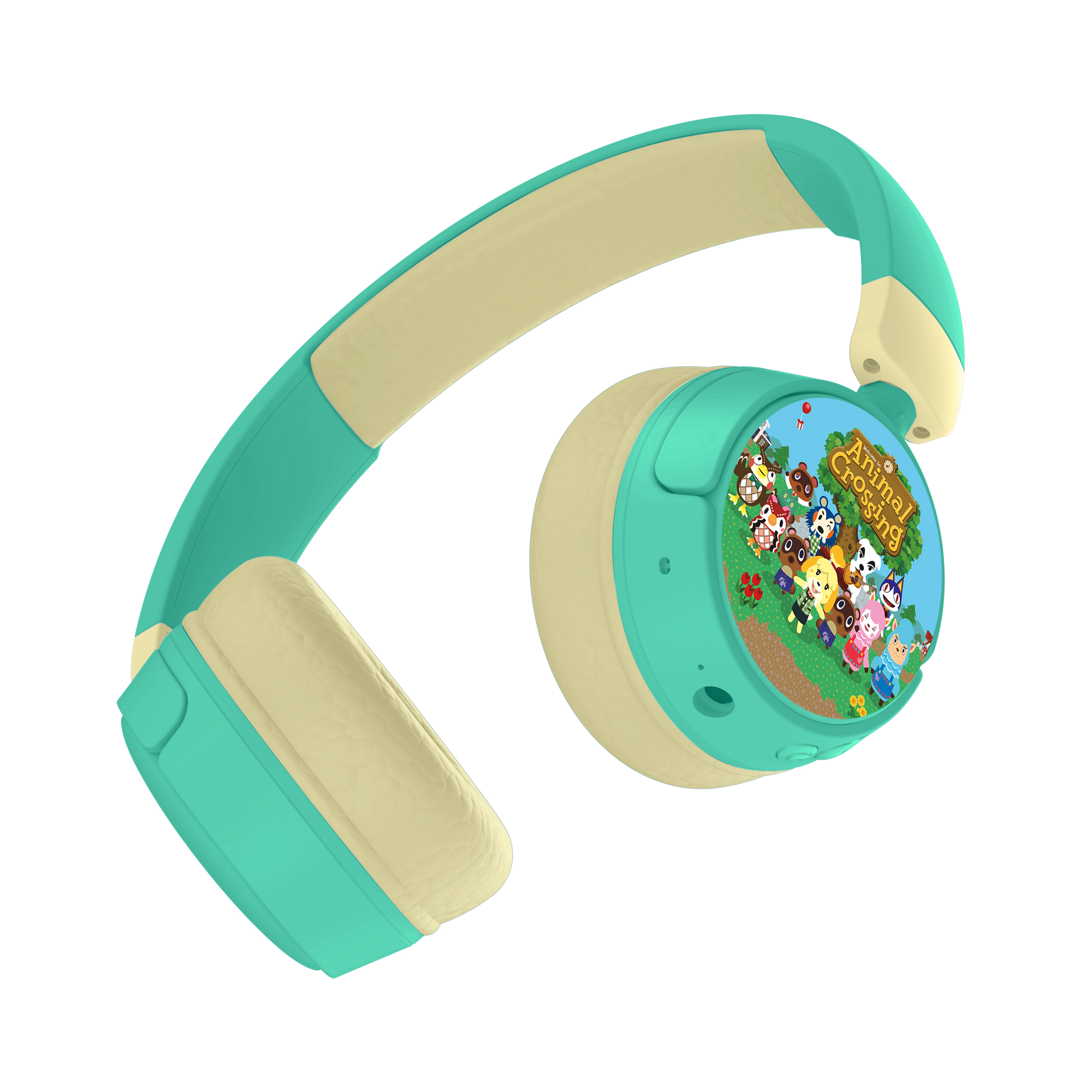 Groene en crèmekleurige hoofdtelefoon met Animal Crossing-ontwerp op de oorschelp.