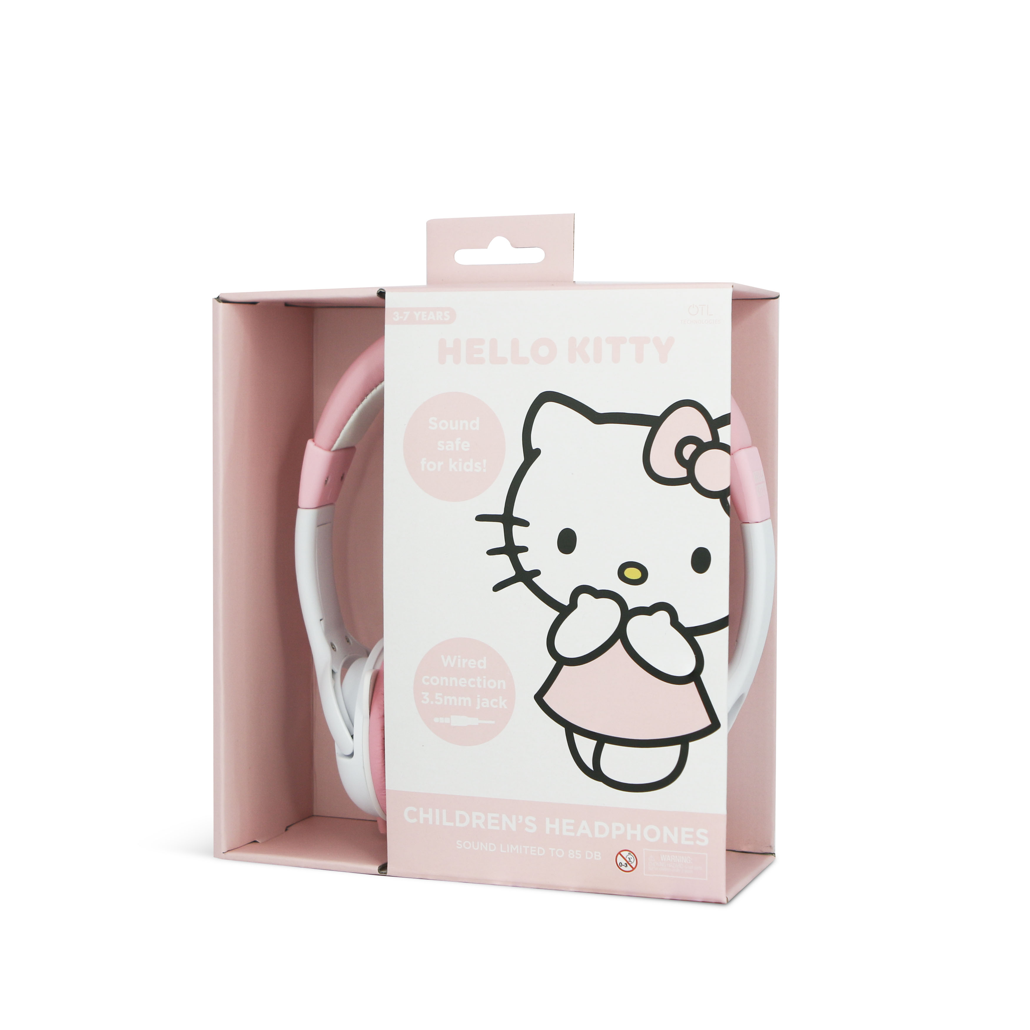 Pink Hello Kitty headphones in a pink box with text.