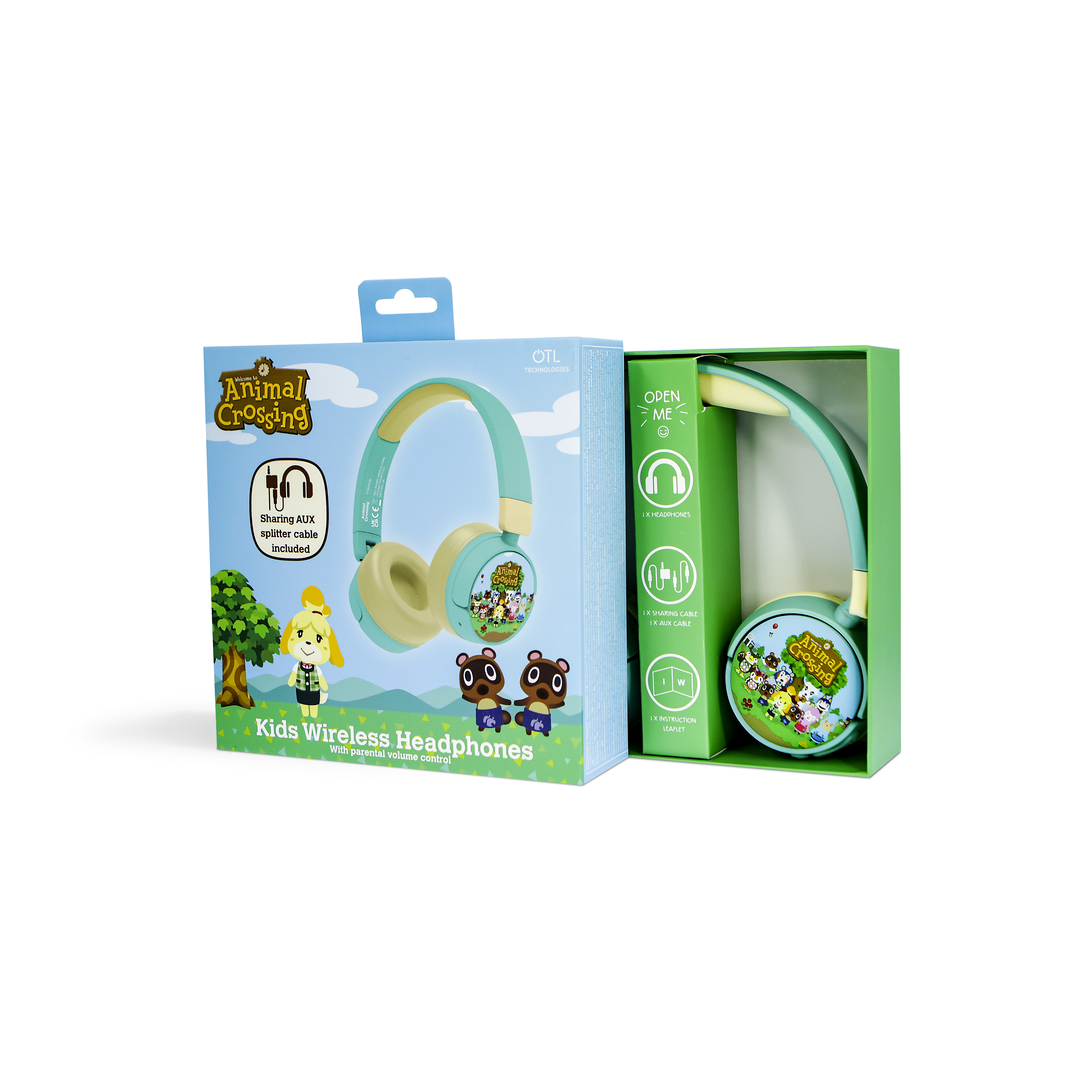 Hoofdtelefoon in een doos met Animal Crossing-ontwerp. De doos toont de hoofdtelefoon en personages uit de game.