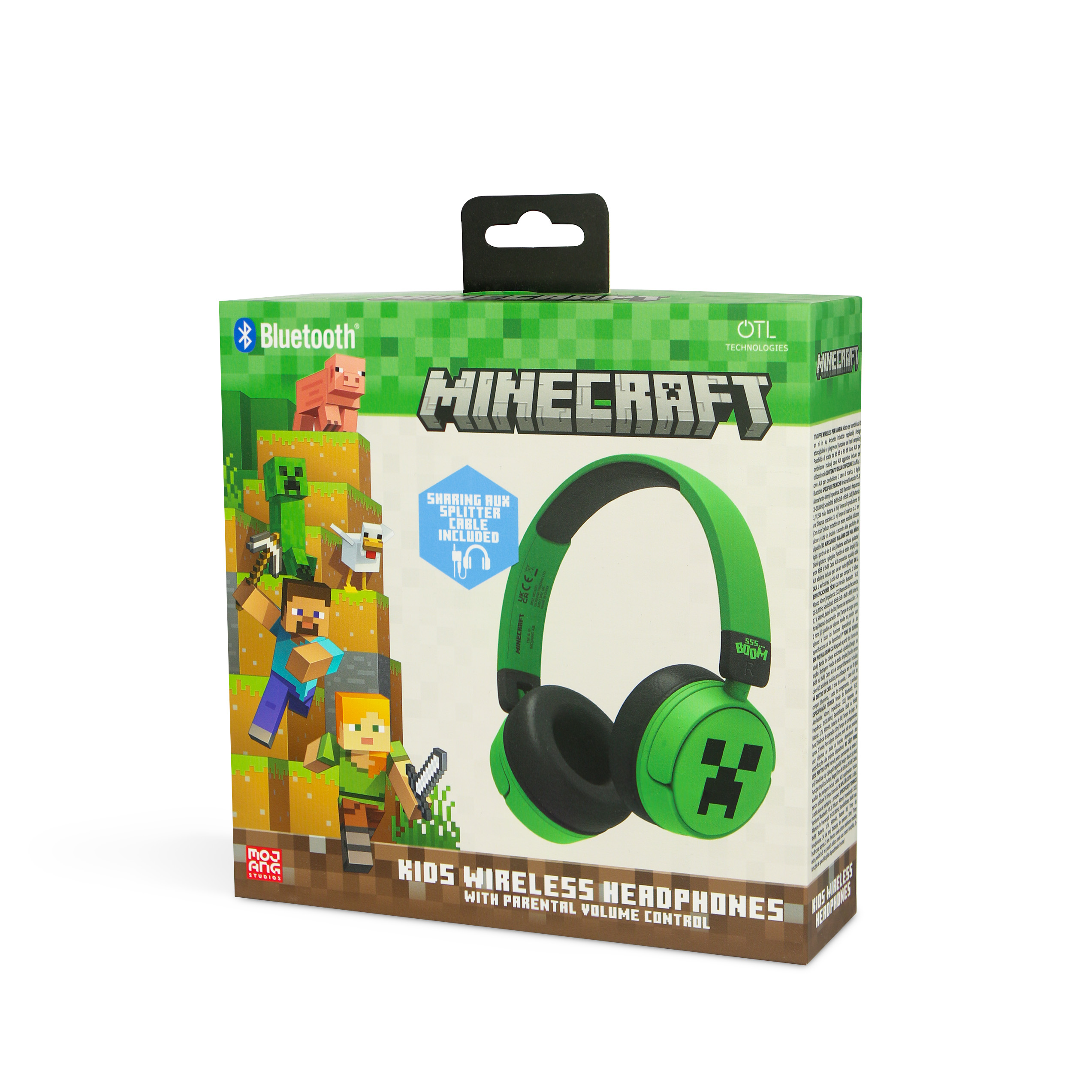 Minecraft-Kopfhörerbox. Grüne Kopfhörer innen, mit einer Box mit Spielfiguren.