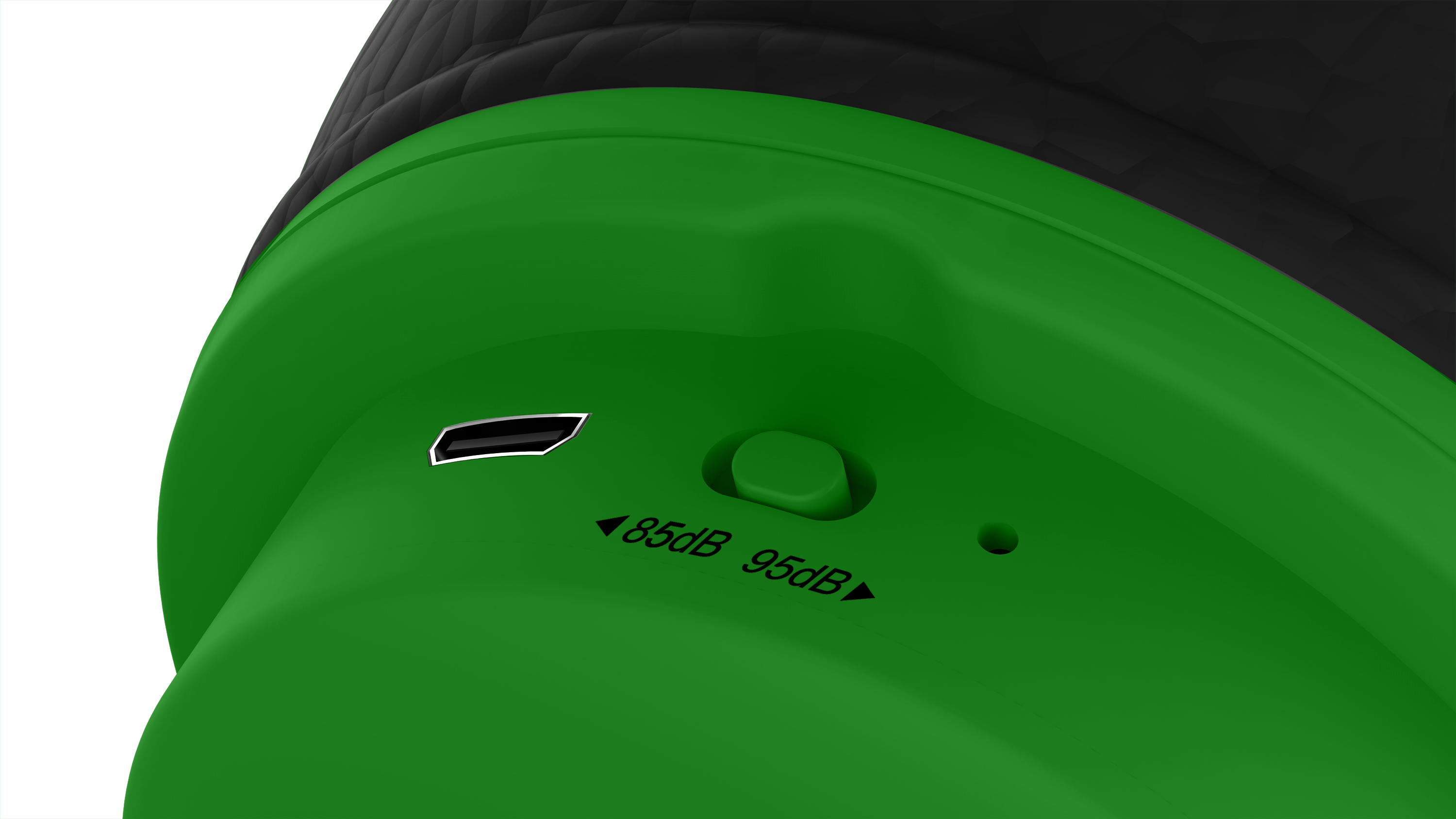 Grüne Kopfhörer-Ohrmuschel mit Knopf und USB-Anschluss.