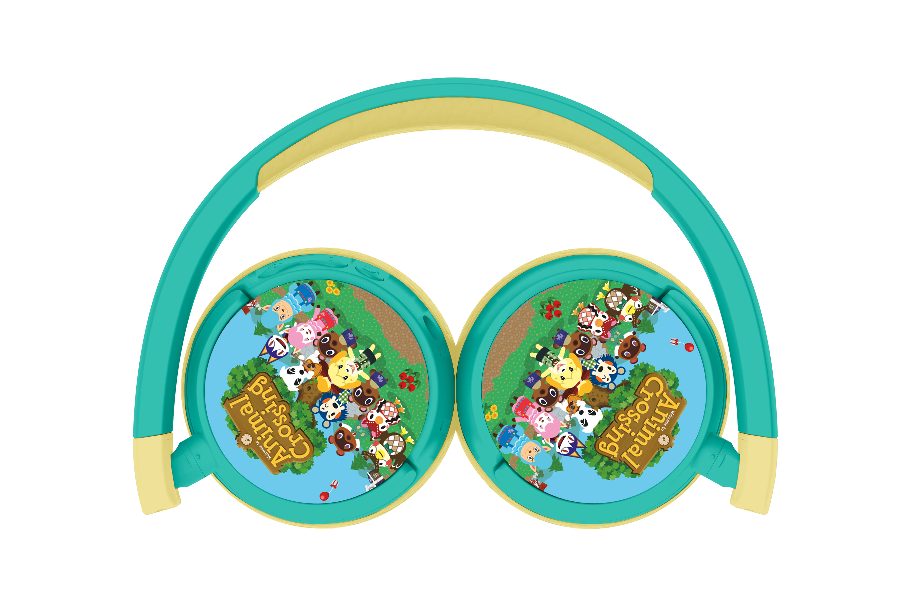 Over-ear hoofdtelefoon met Animal Crossing design op oorschelpen, teal en gele kleuren, witte achtergrond.