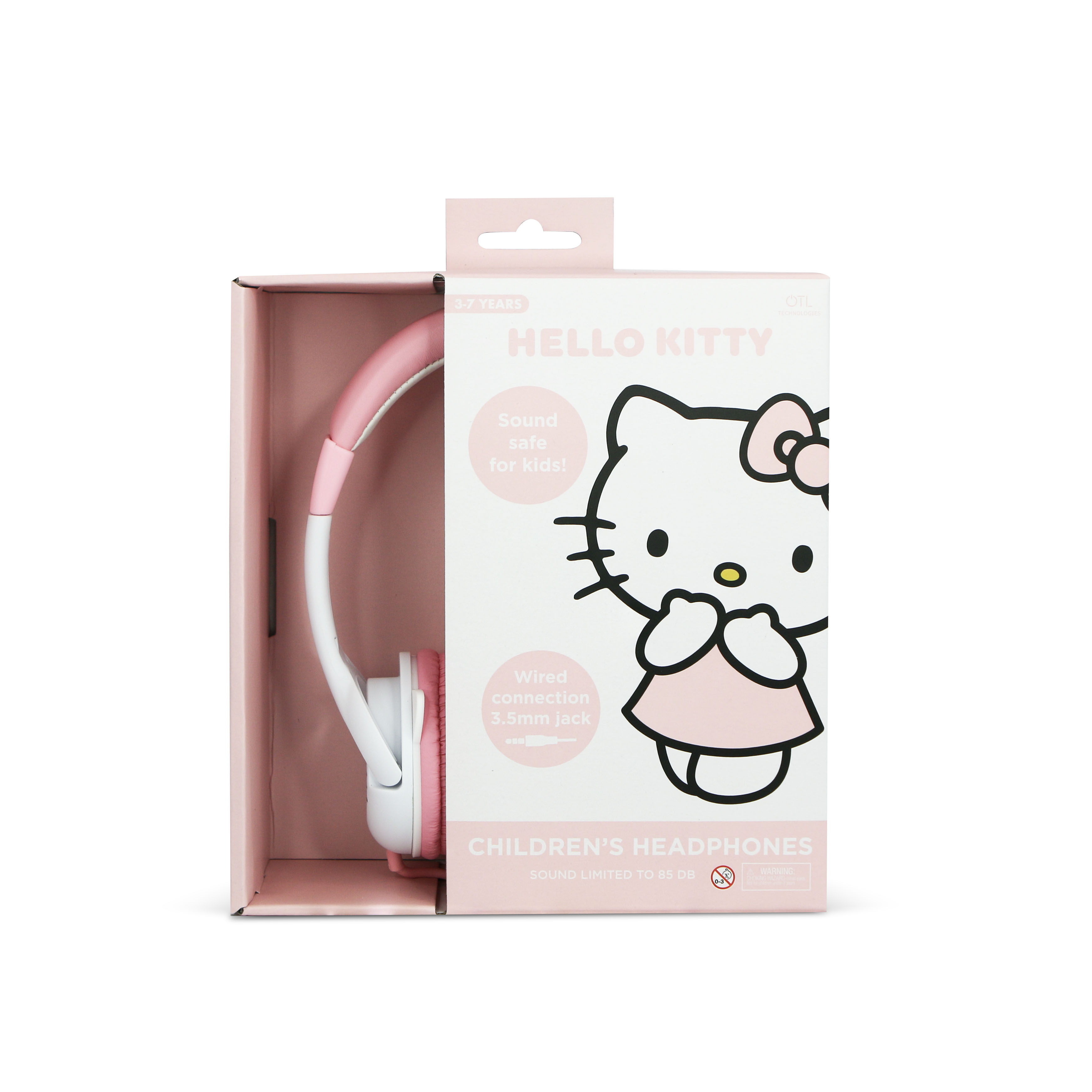 Hello Kitty children's headphones in a pink box. The box shows Hello Kitty and text: sound safe for kids!