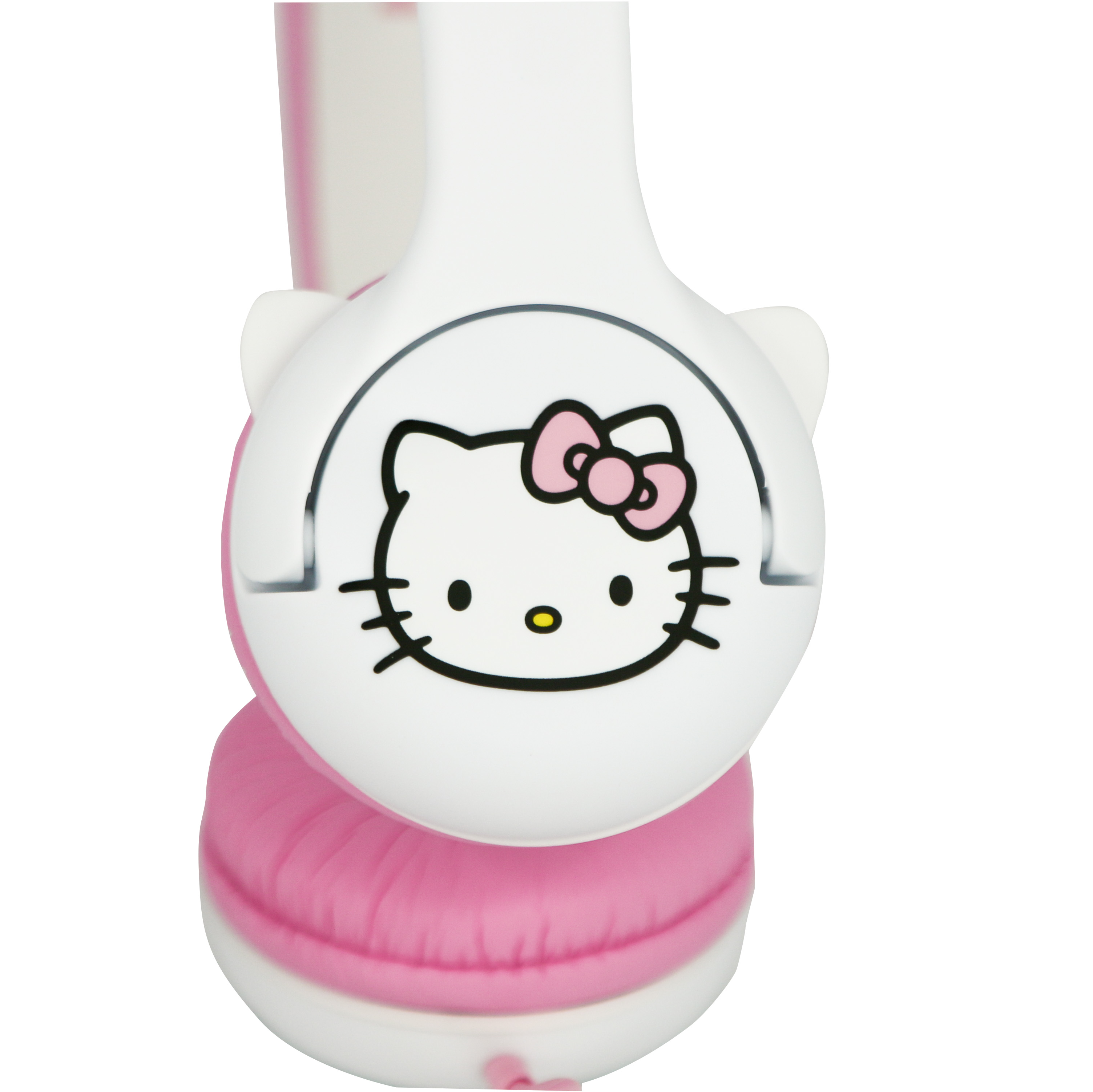 Close-up of pink Hello Kitty headphones on a white background.