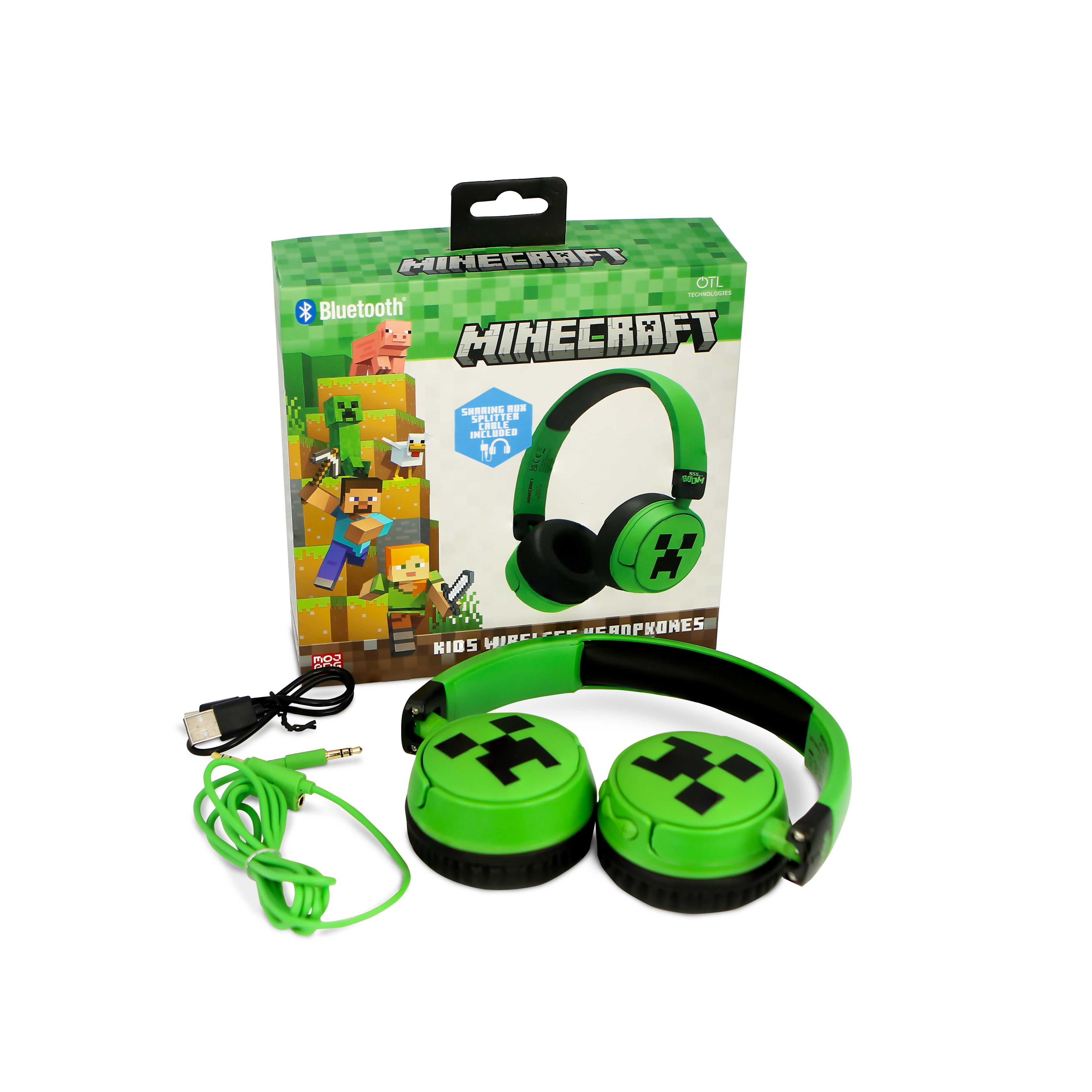 Minecraft-Kopfhörer in einer Box. Die Box und die Kopfhörer zeigen Minecraft-Charaktere und Logos.