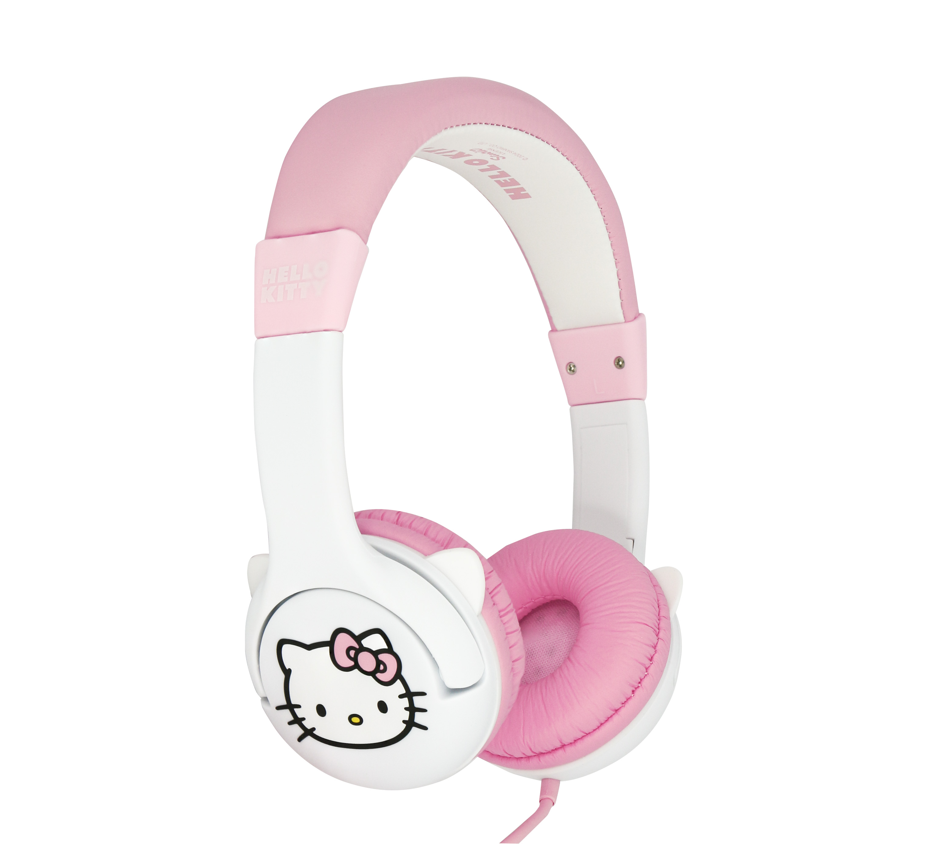 Hello Kitty pink and white headphones with a pink cord.