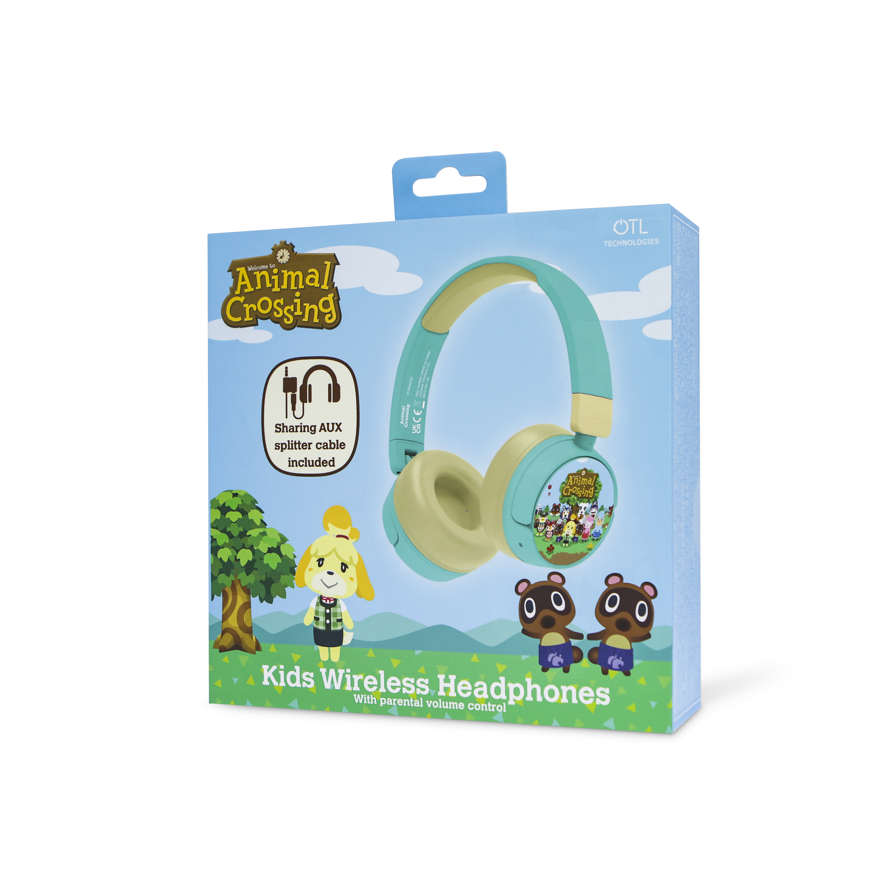 Doos met Animal Crossing-kinderkoptelefoons, blauwgroen en beige met stripfiguren.