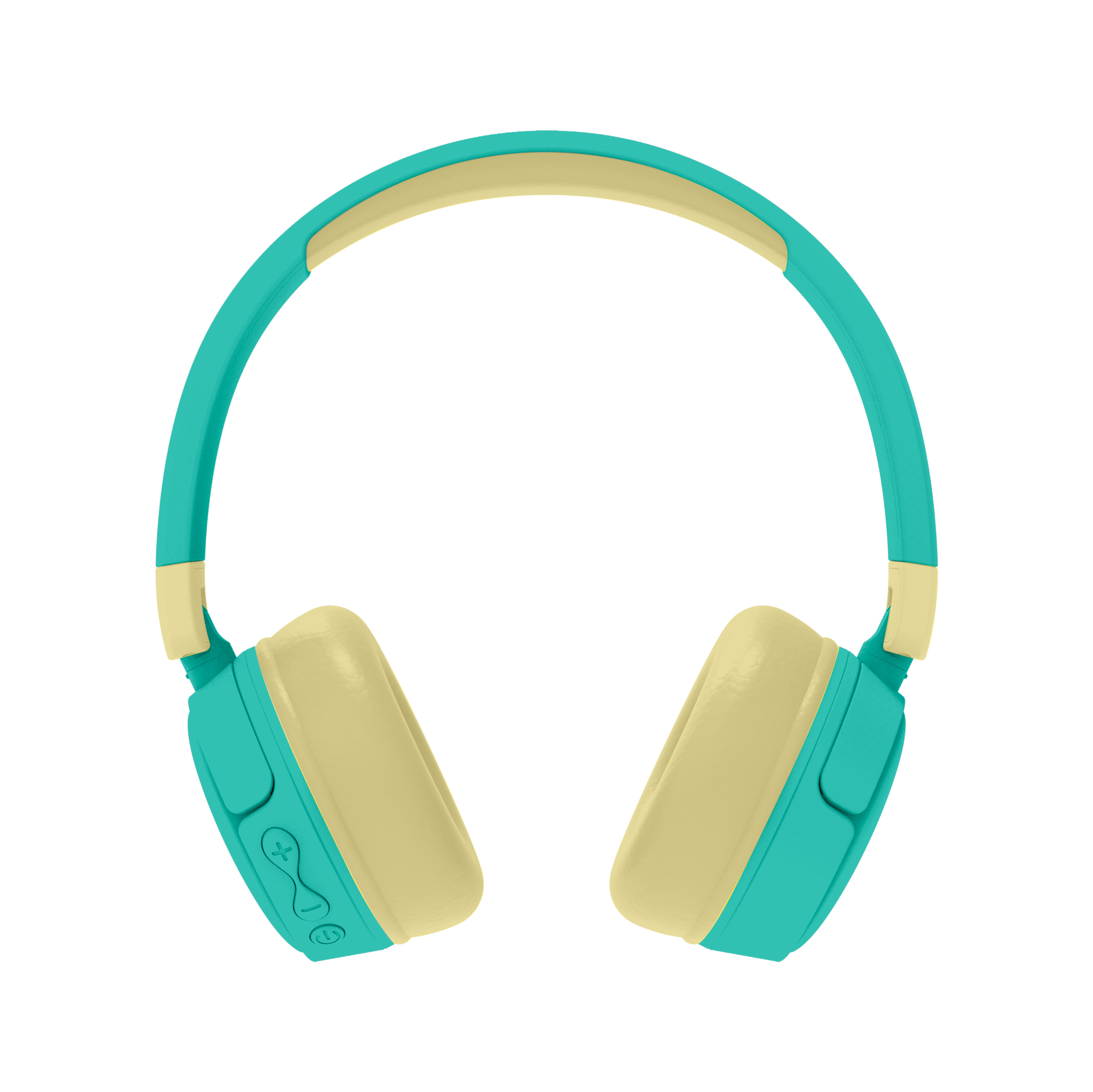 Turquoise en beige koptelefoon, ronde oorschelpen, op een witte achtergrond.