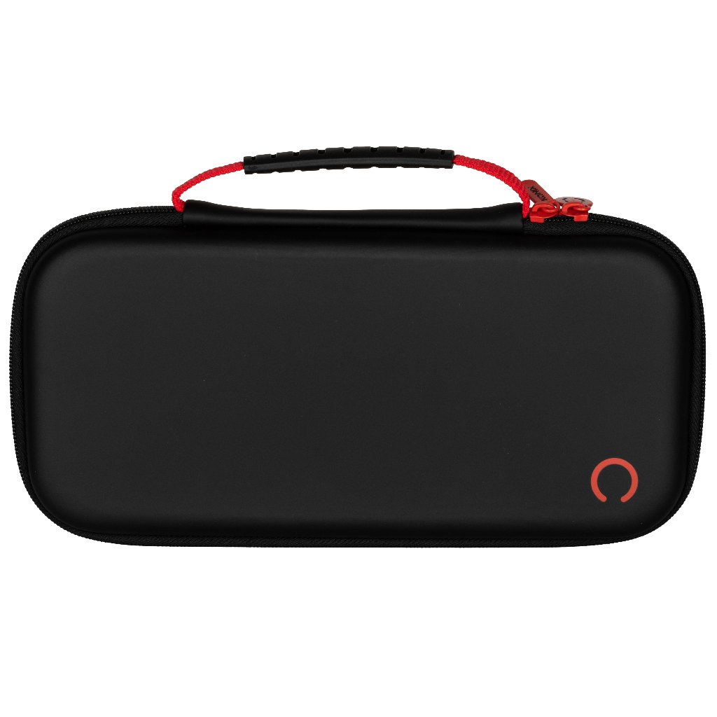 Black carrying case for a console, with a red zipper and handle, and a red circle logo.