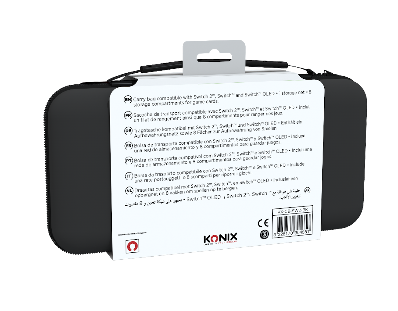 Back of a black carry case with multi-language text, for Switch game consoles.