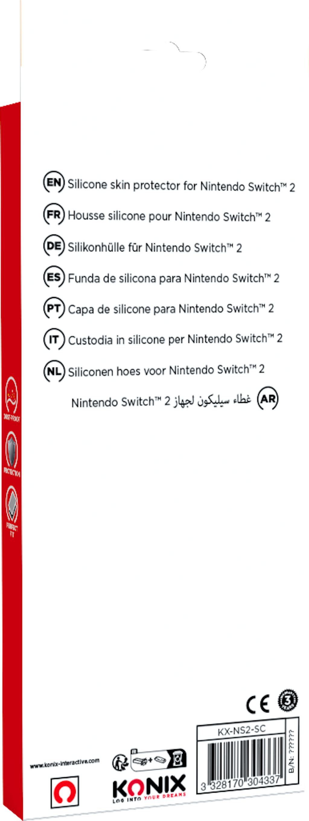 Retro di una scatola prodotto con descrizioni multilingue per protezione Switch 2.
