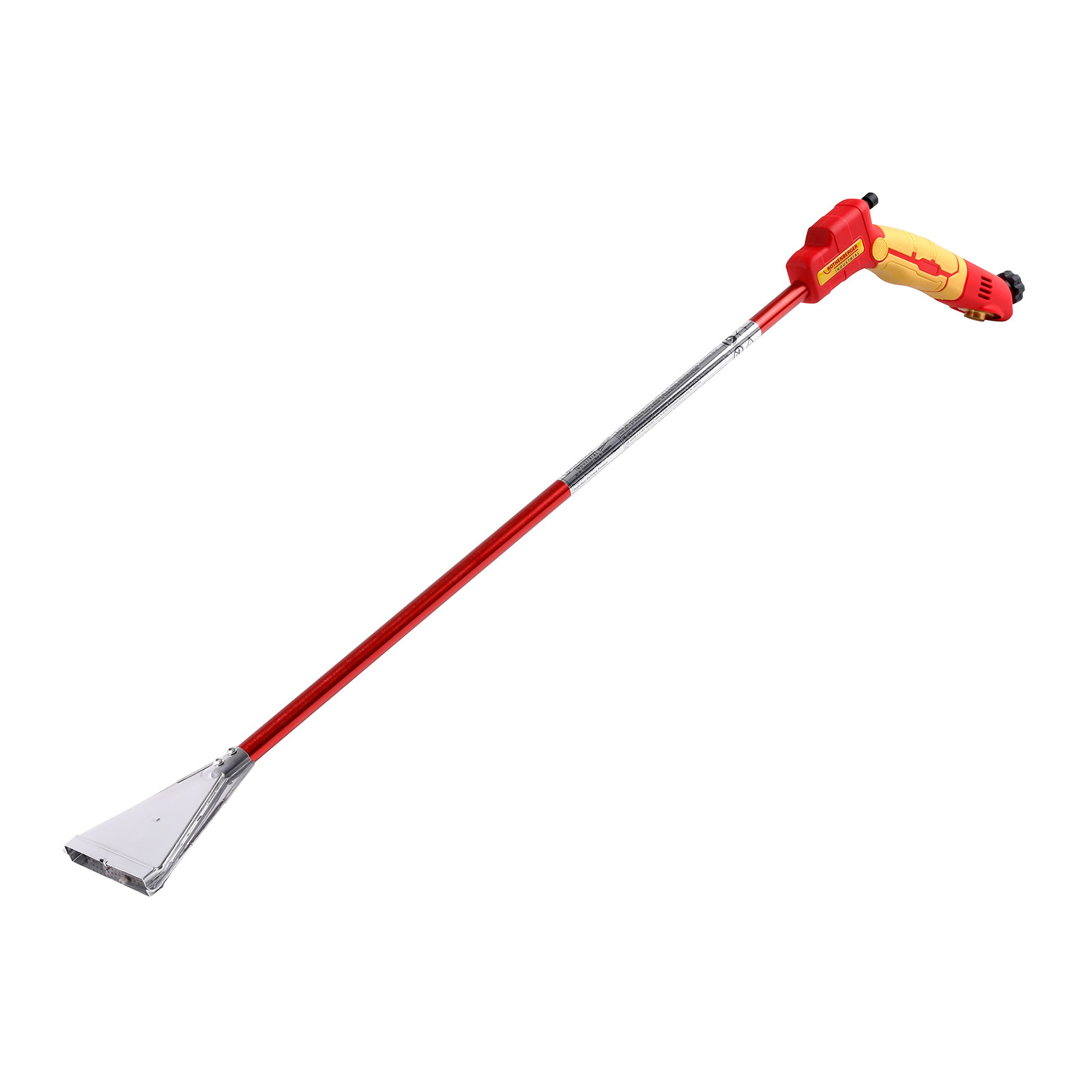 Ein rot-silbernes Gartengerät mit langem Stiel und Schaufel.