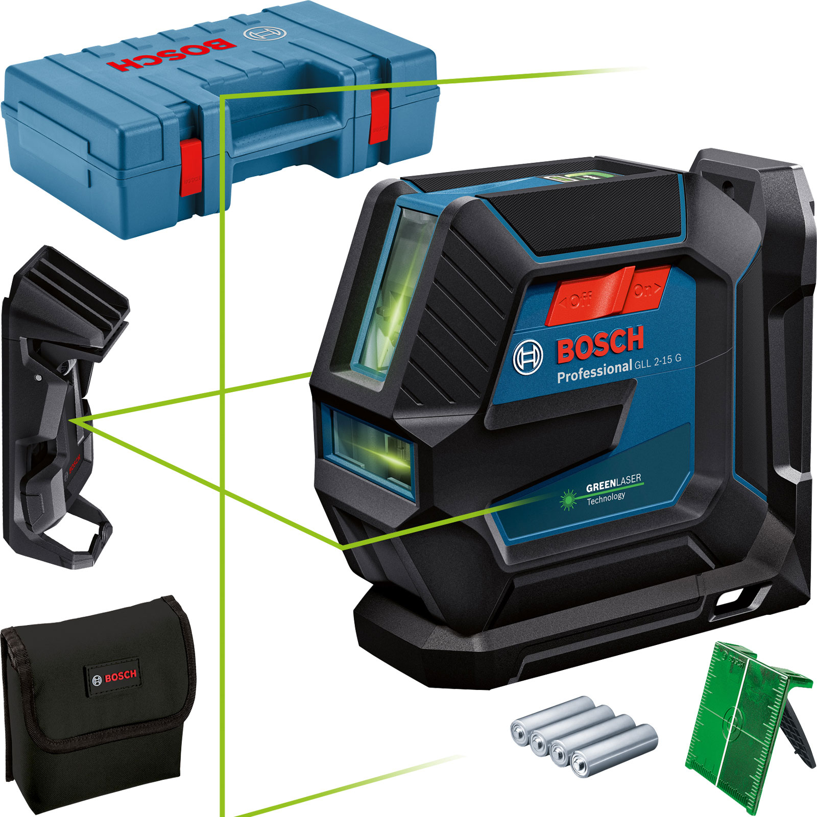 Nivel láser Bosch con accesorios: estuche, soporte, bolsa, baterías y placa objetivo.