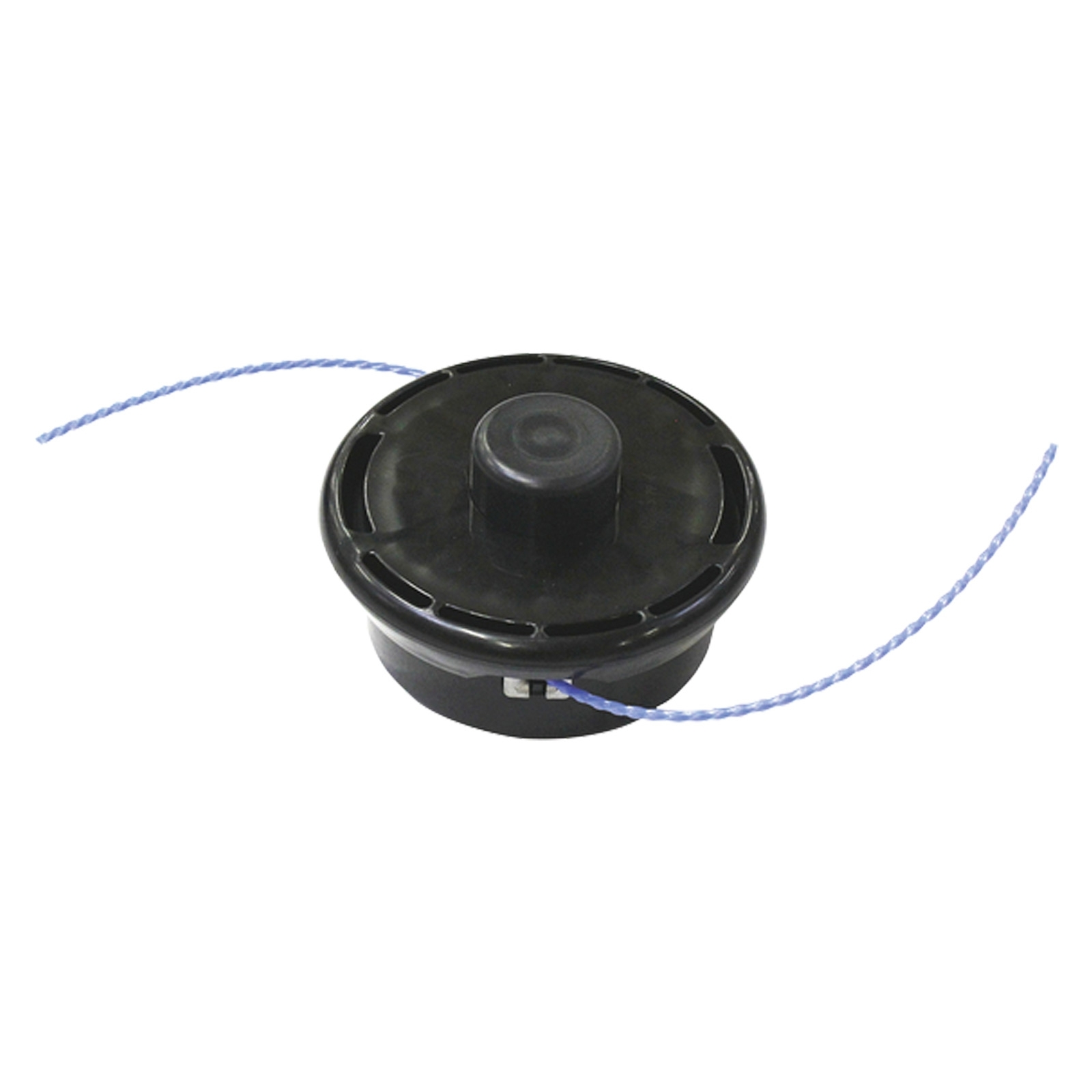 Black trimmer head with blue trimmer line extending outwards. The head is on a white background.