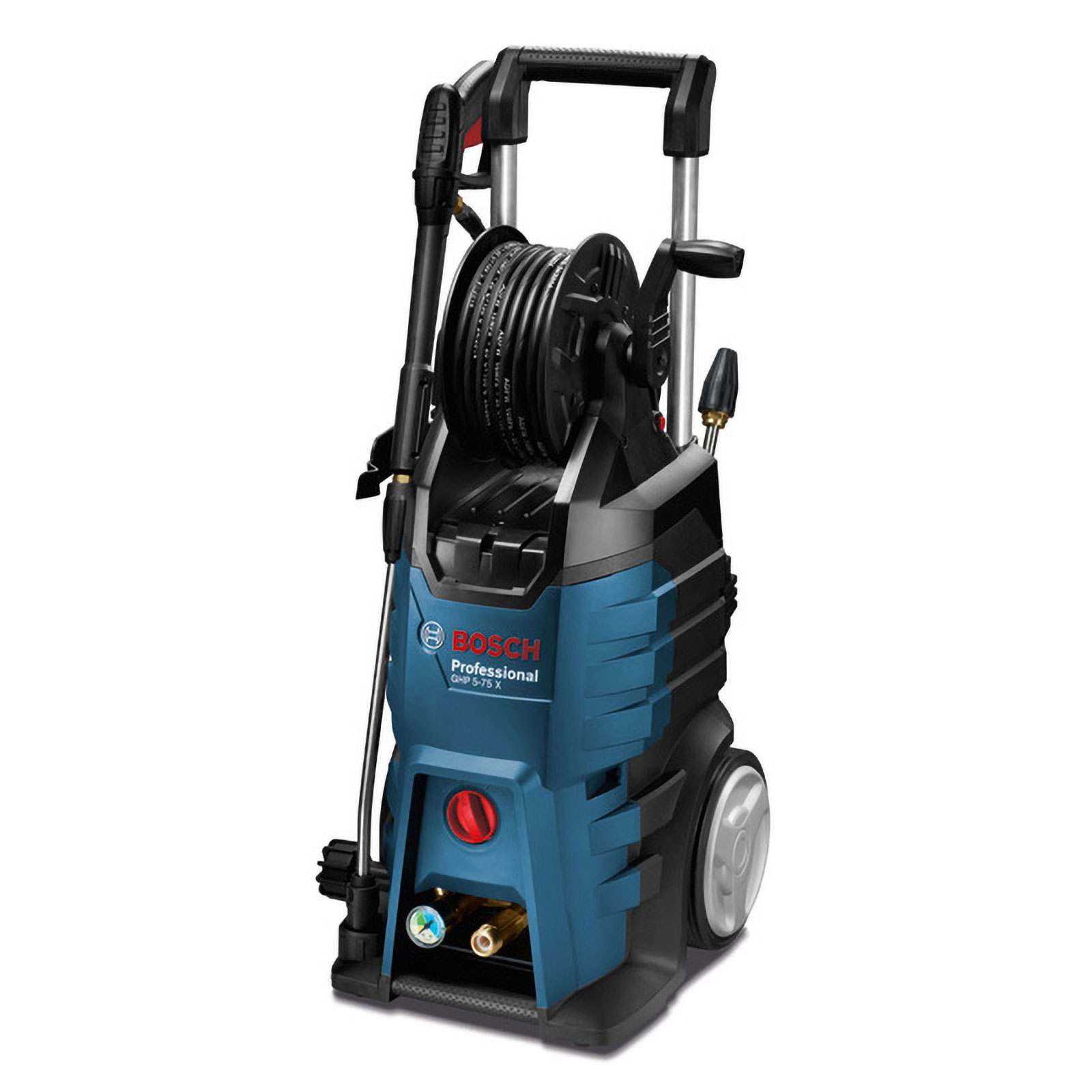 Un'idropulitrice professionale Bosch. È blu e nera con avvolgitubo, maniglia e ruote. Lo sfondo è bianco.