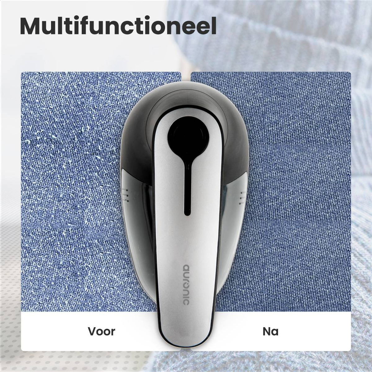 Een stoffenscheerapparaat met een blauw en zilver design, getoond voor en na gebruik op blauwe denim.
