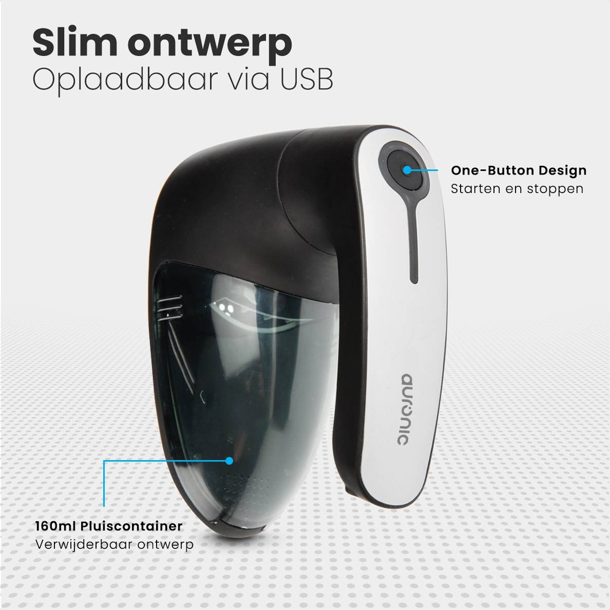 Een zwart-witte pluizenverwijderaar met een ontwerp met één knop. Tekstlabels in het Nederlands.