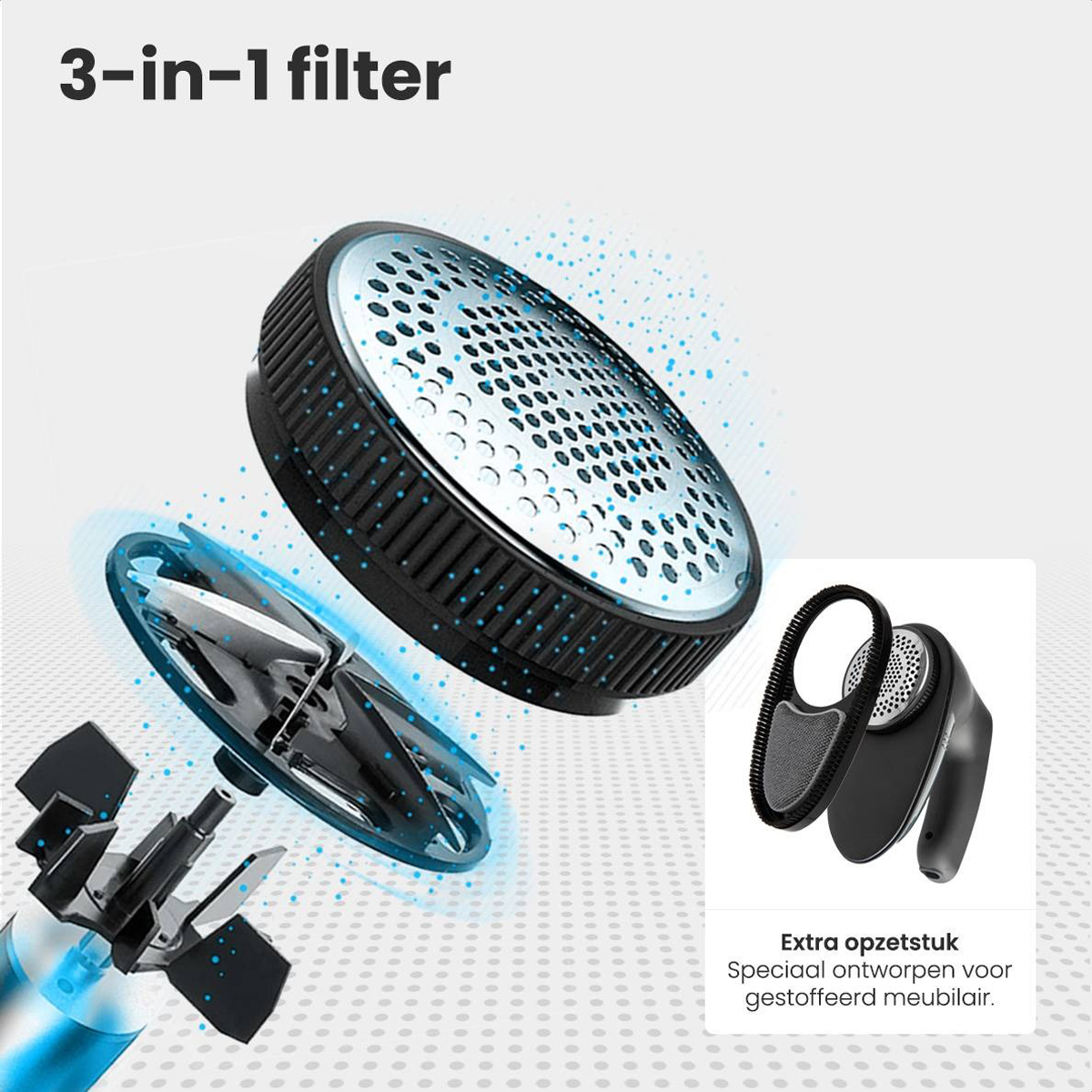 3-in-1 filter met blauwe deeltjes, messen en extra hulpstukken voor meubels.