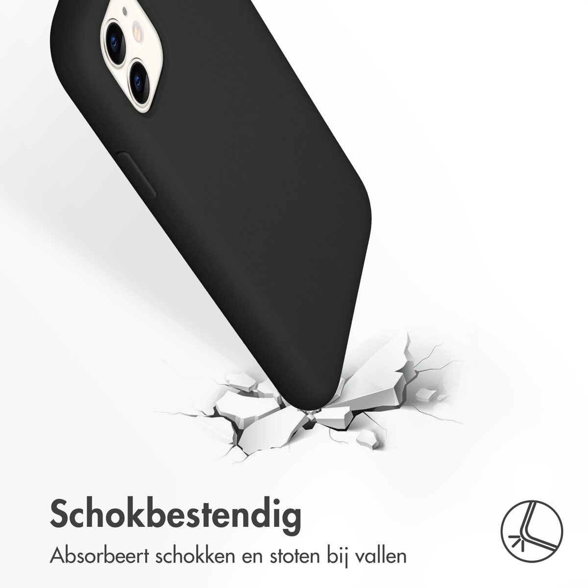 Een telefoonhoesje met een zwarte telefoon en een gebarsten witte achtergrond. Tekst: schokabsorberend.