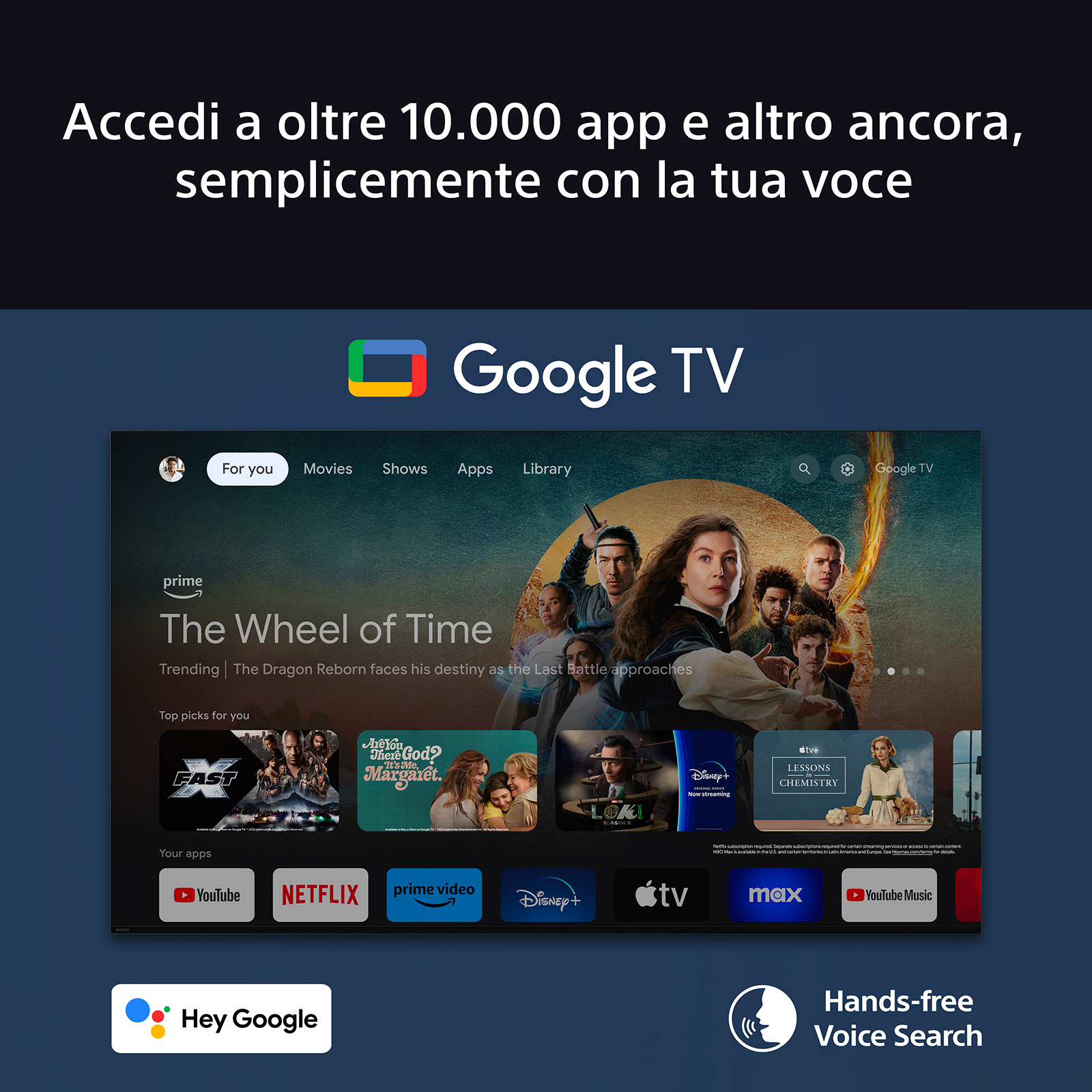 Interfaccia Google TV che mostra app e contenuti in streaming con testo.