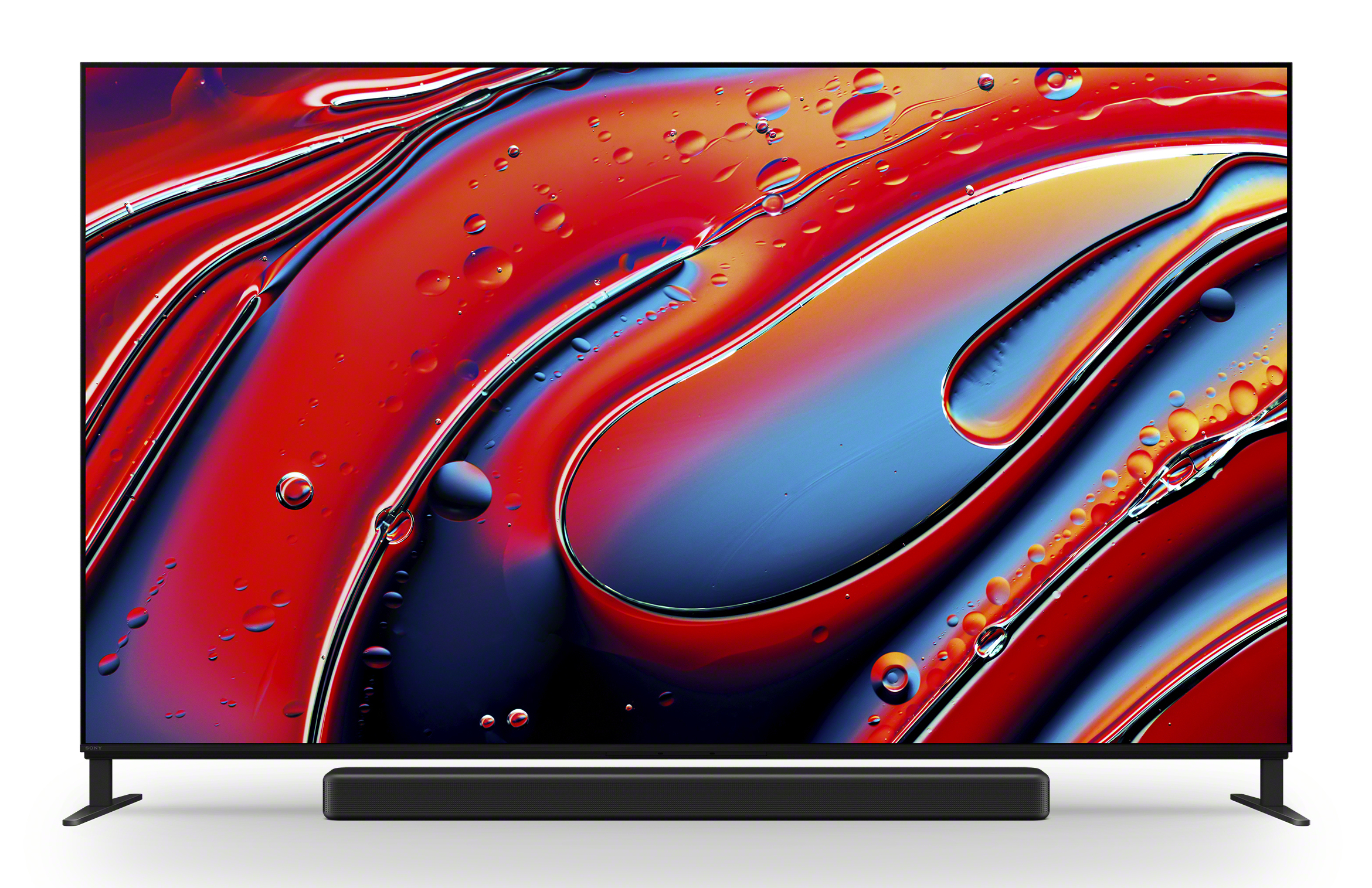 Téléviseur à écran plat avec une image abstraite colorée affichée. Une barre de son noire se trouve sous le téléviseur.
