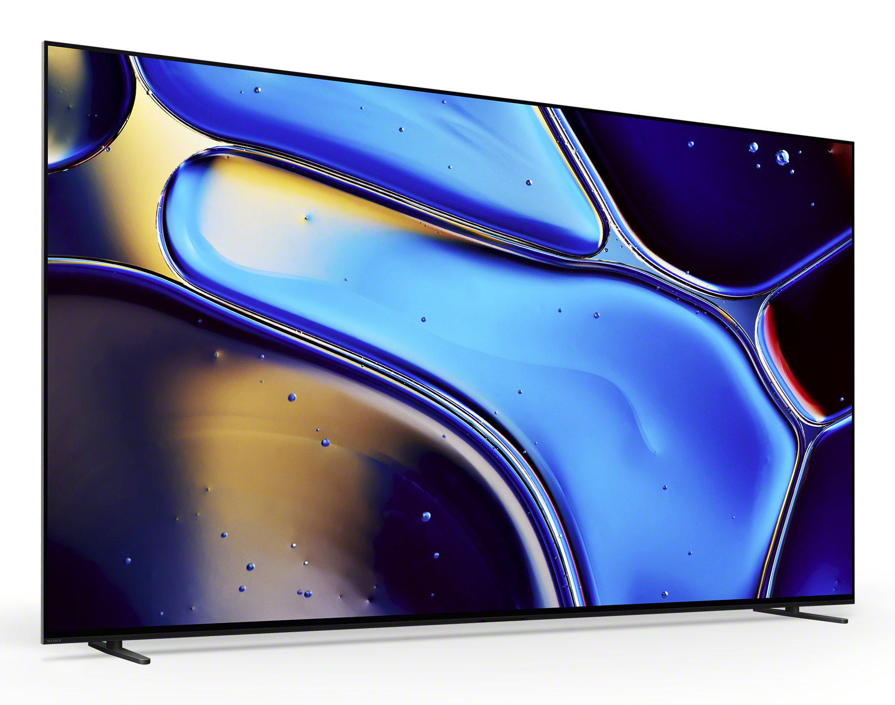 Una TV moderna che mostra arte astratta blu e gialla. La TV è angolata.