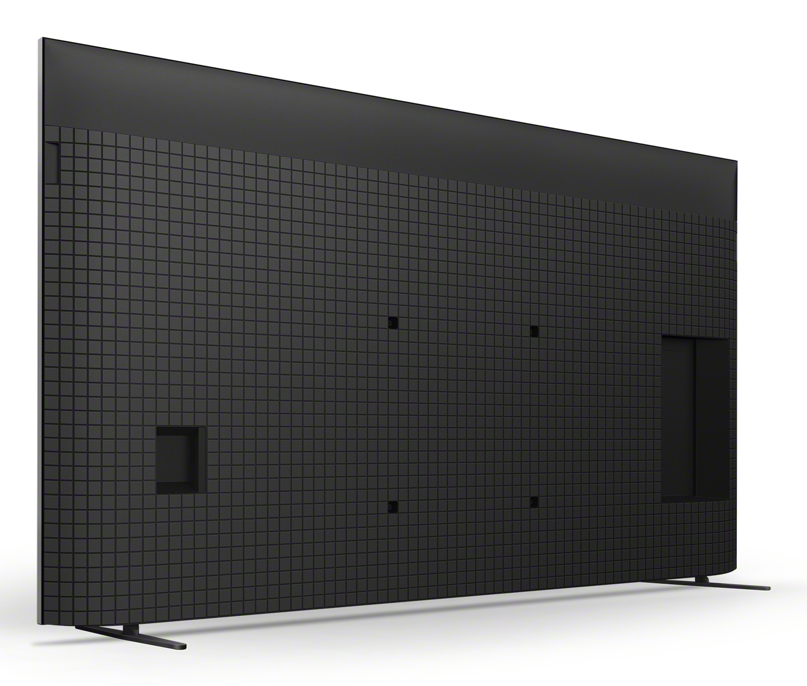 Tył czarnego telewizora z teksturą przypominającą kratkę, portami i podstawą. Widoczne logo marki Sony.