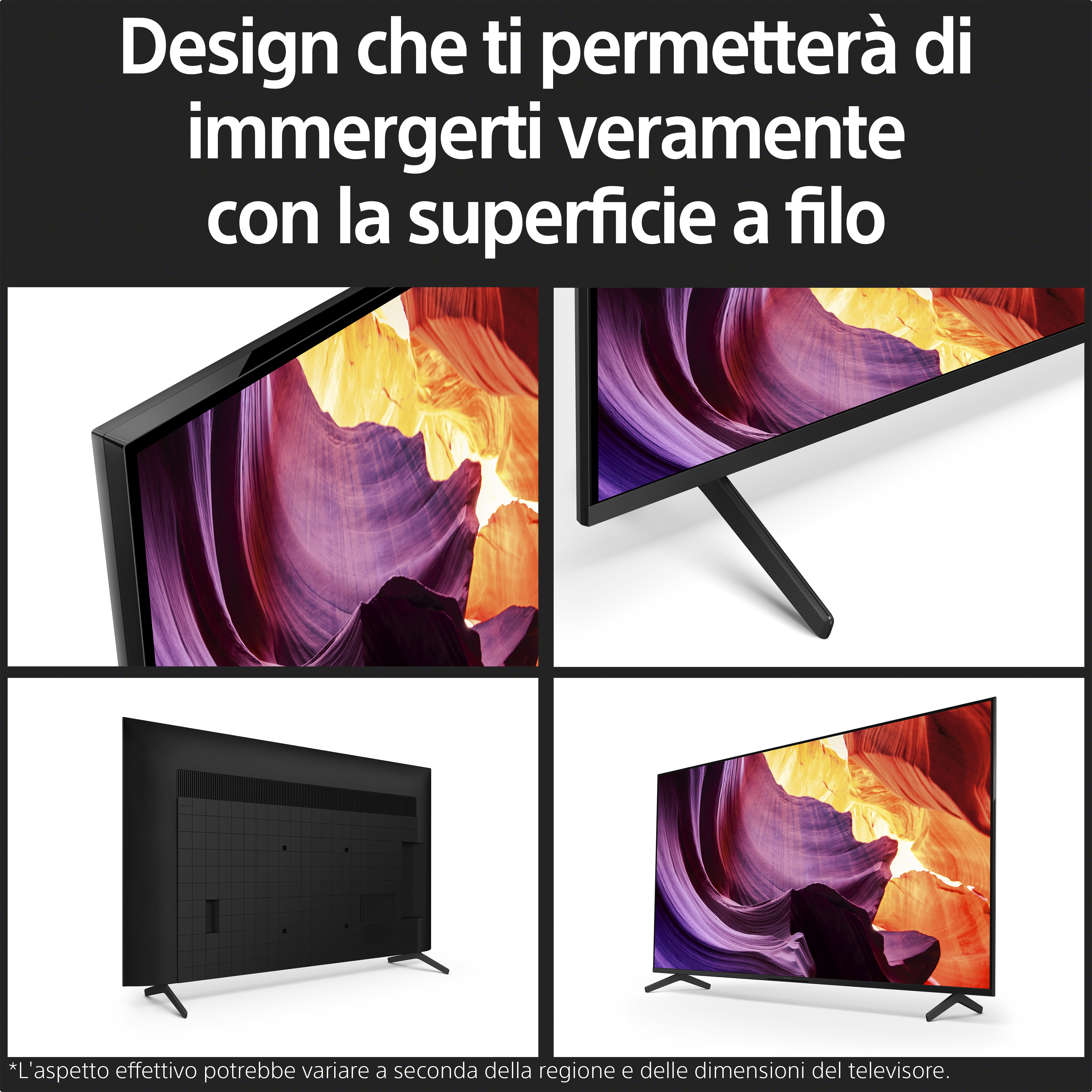 Primo piano di uno schermo TV con un'immagine colorata, insieme ai dettagli del design del TV.