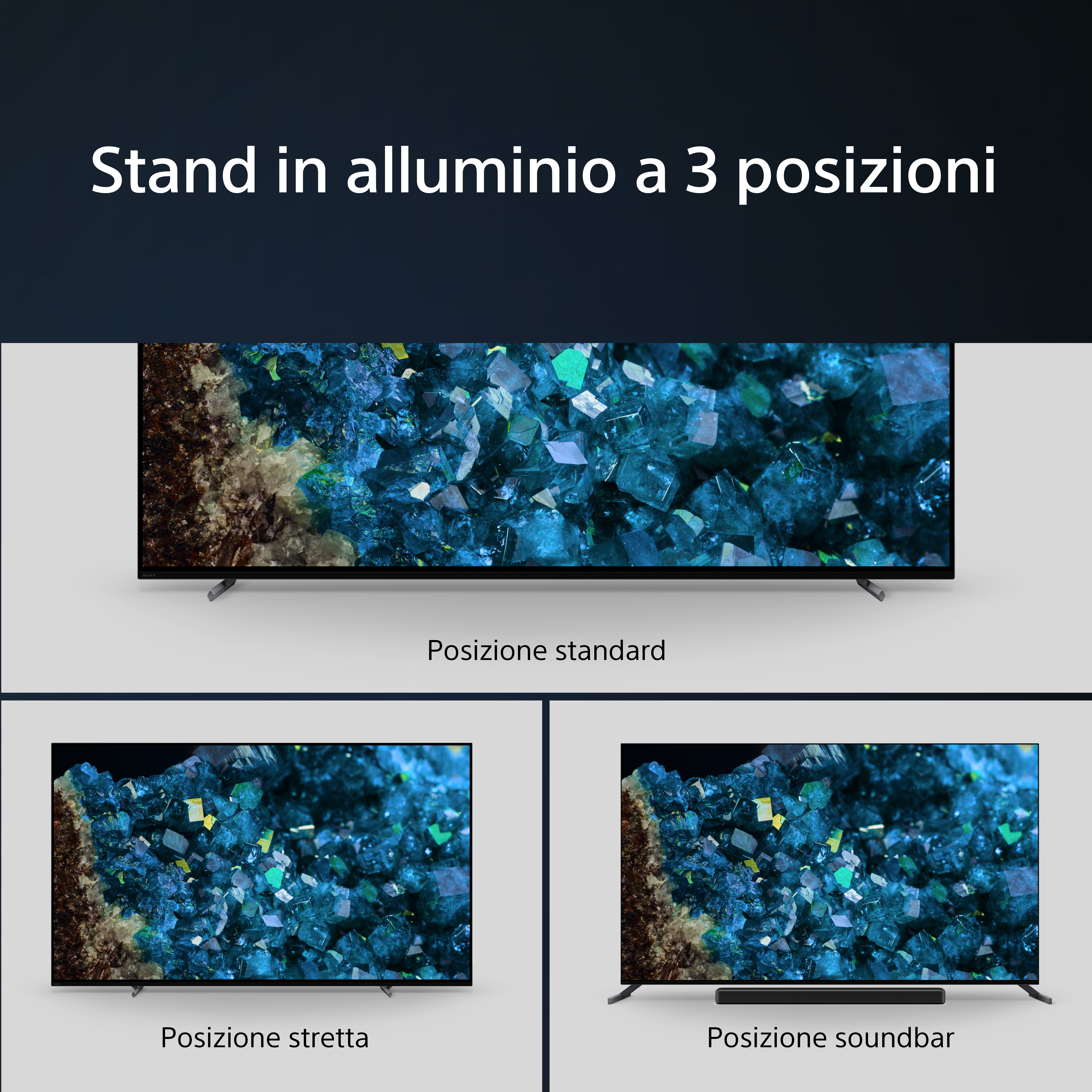 Sony-Fernseher mit drei Ständerpositionen: Standard, schmal und mit Soundbar, auf weißem Hintergrund.