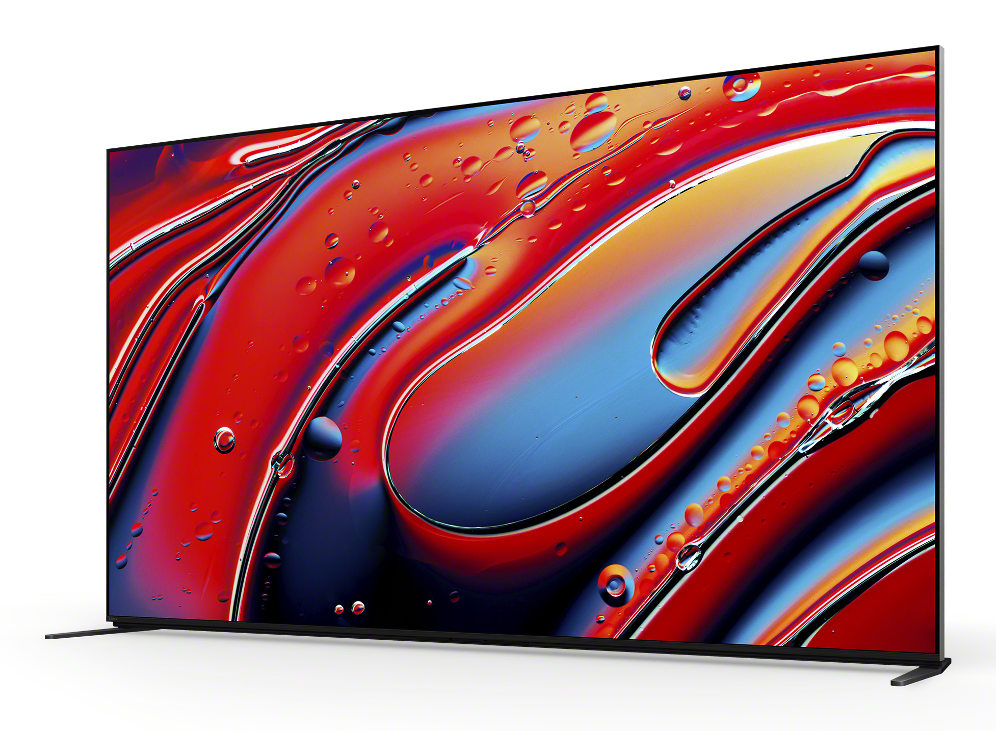 Uno schermo TV mostra arte astratta colorata. La TV è nera con gambe nere.