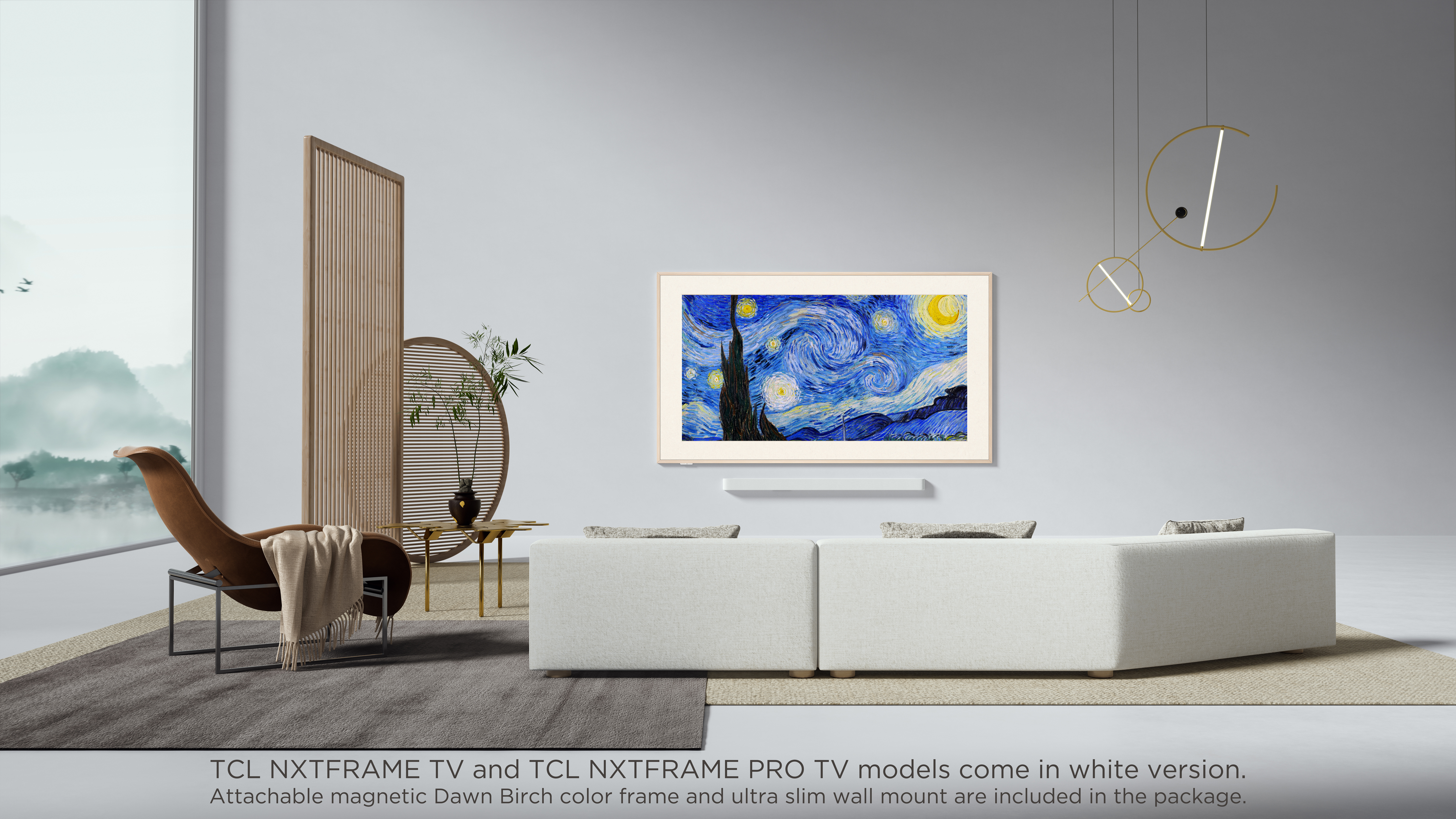 Obraz gwieździstej nocy na ścianie, w nowoczesnym salonie.