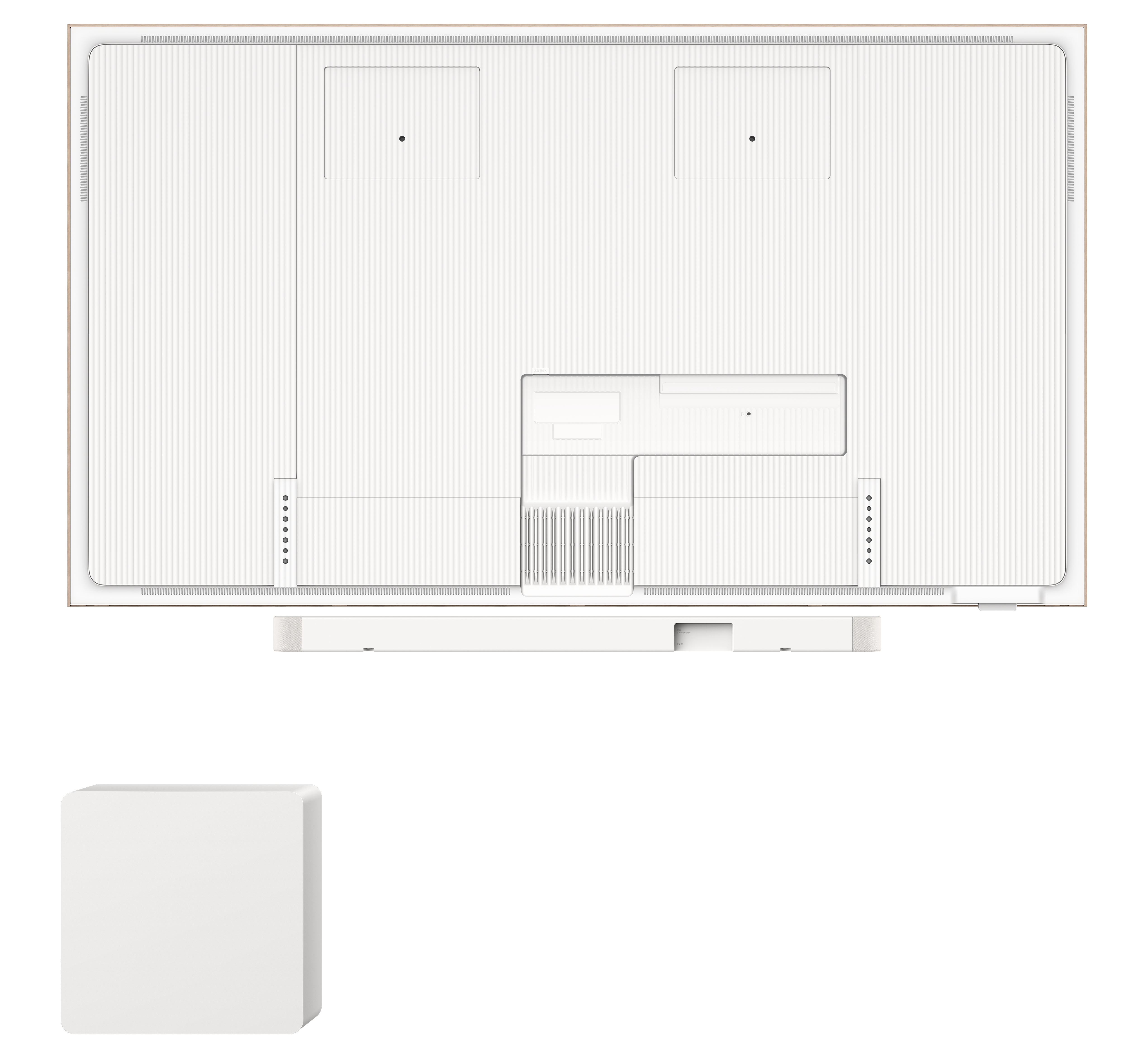 Widok z góry na telewizor z białym tyłem. Biały soundbar znajduje się na dole, a pod nim białe pudełko.