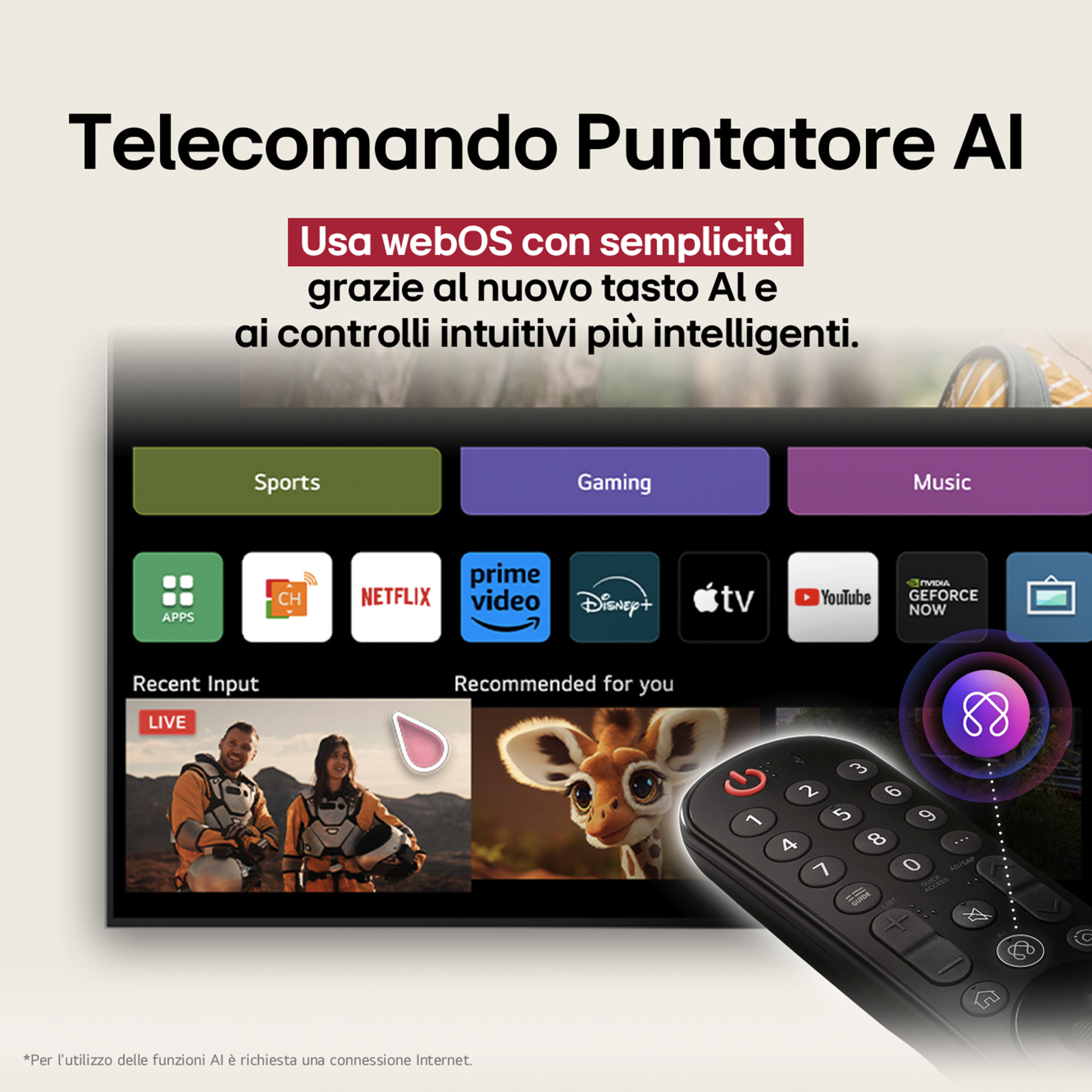 Écran de télévision affichant l'interface webOS avec une télécommande.