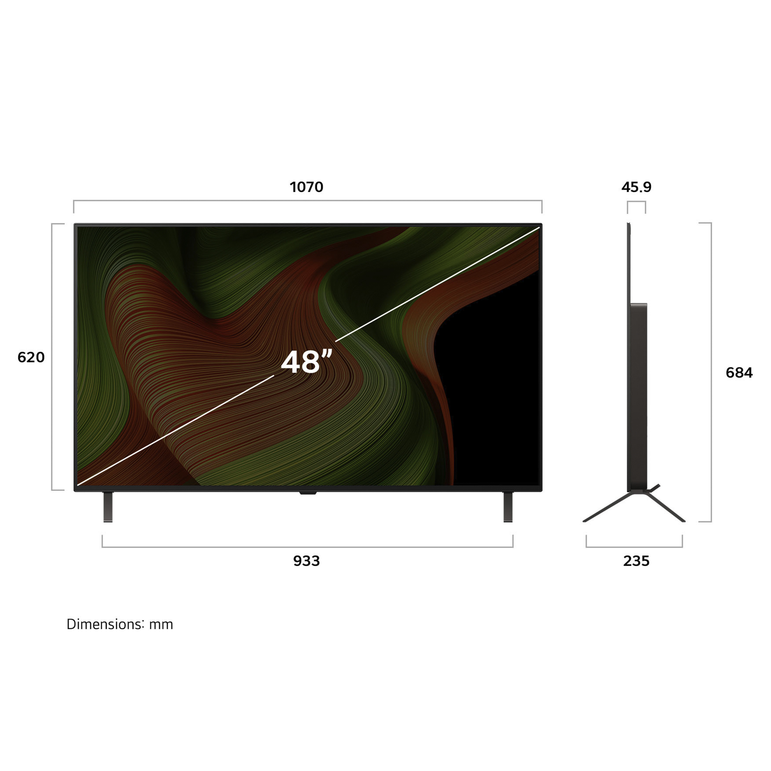 Una TV con dimensioni in mm, con schermo nero e sfondo colorato.
