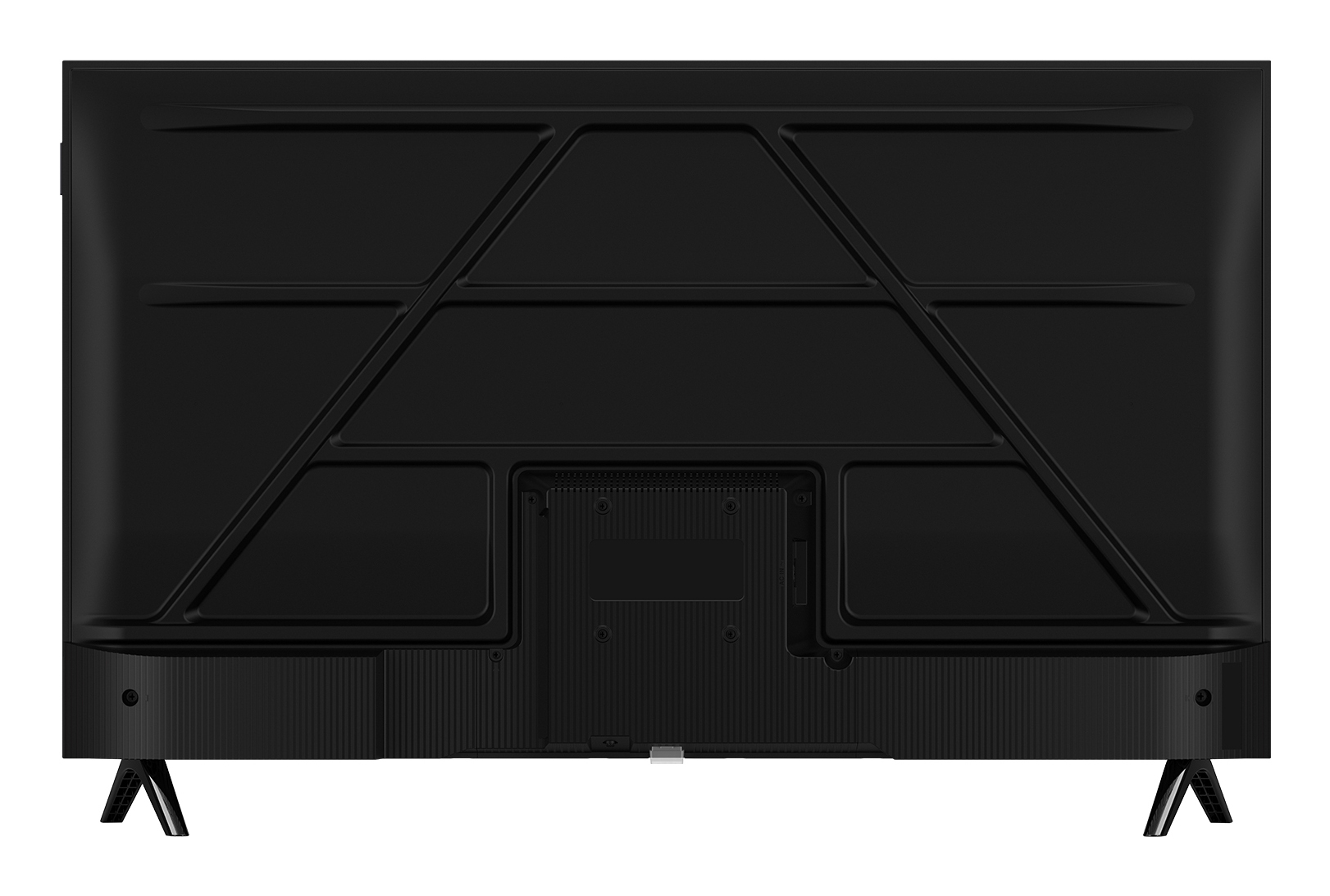 Widok z tyłu czarnego telewizora z metalową ramą. Nogi u dołu. Gładkie czarne tło.