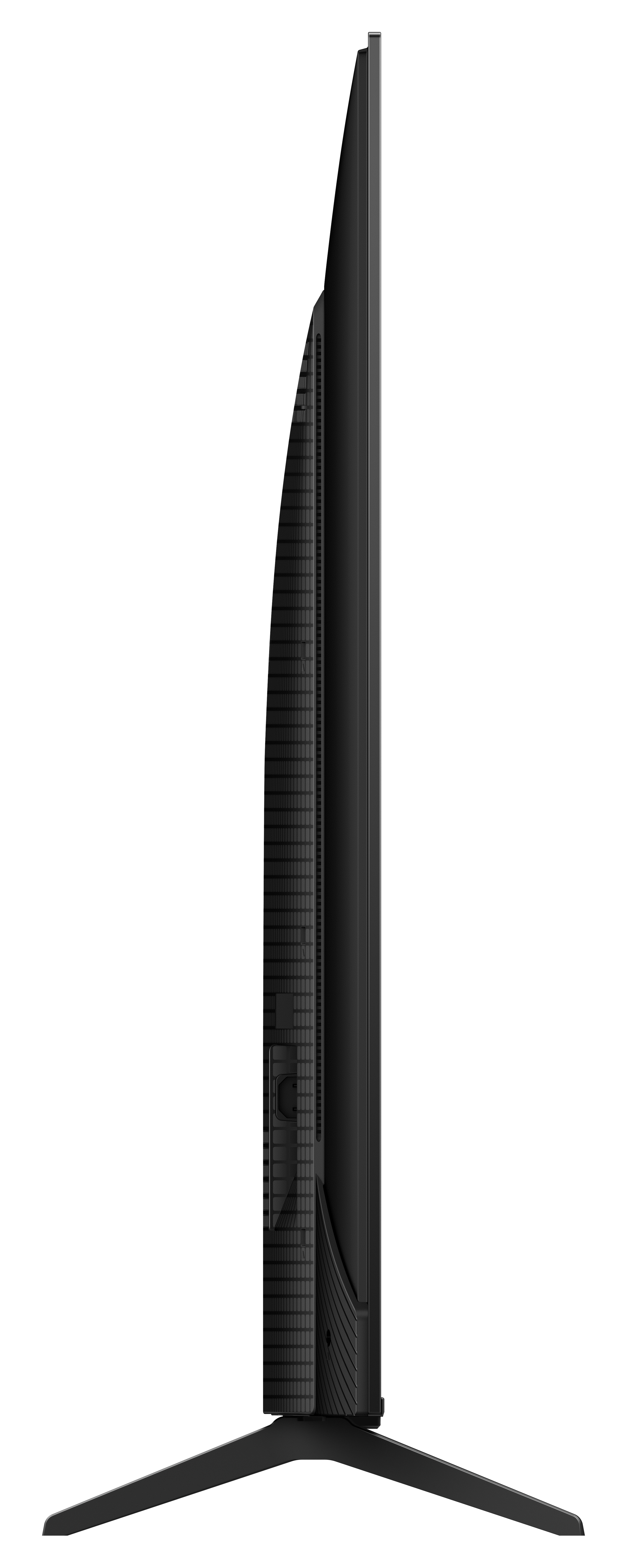 Czarny telewizor stoi pionowo, pokazując widok z boku, z zakrzywionym tyłem i podstawą.