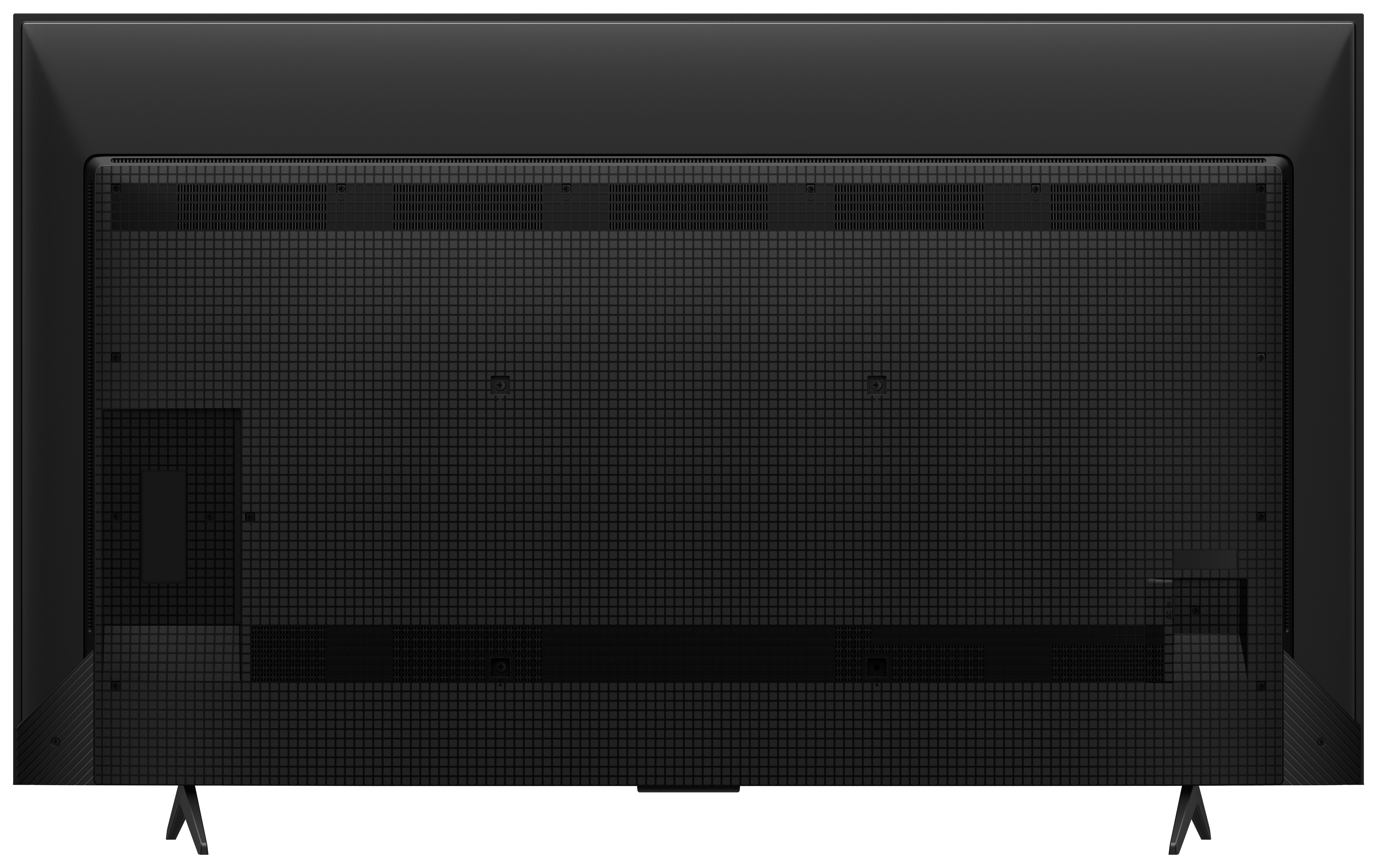 Tył czarnego telewizora, pokazujący wzór przypominający kratkę i porty. Ma dwie nóżki.