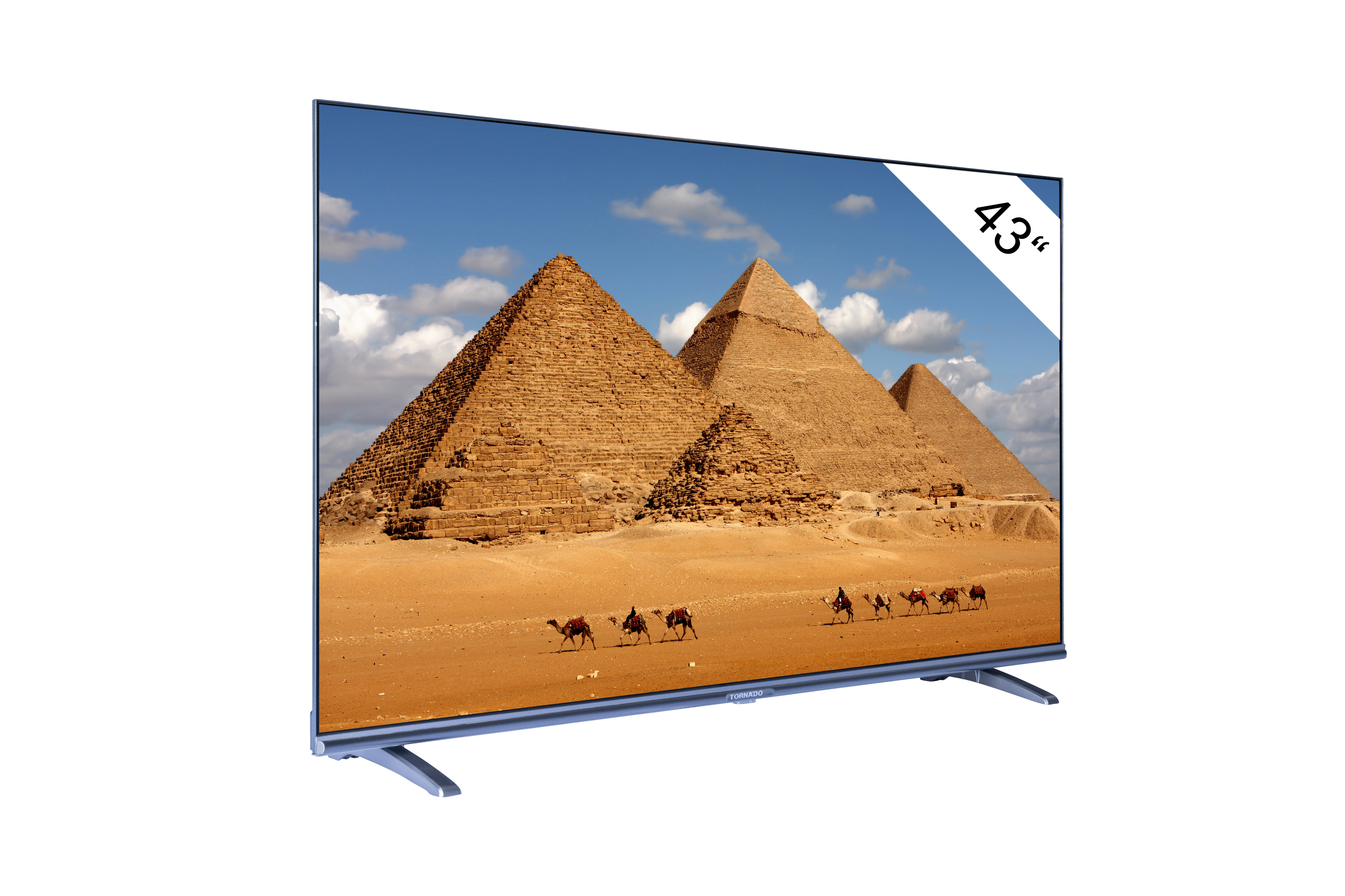 43" TV z piramidami. Wielbłądy na piasku. Niebieskie niebo w tle.