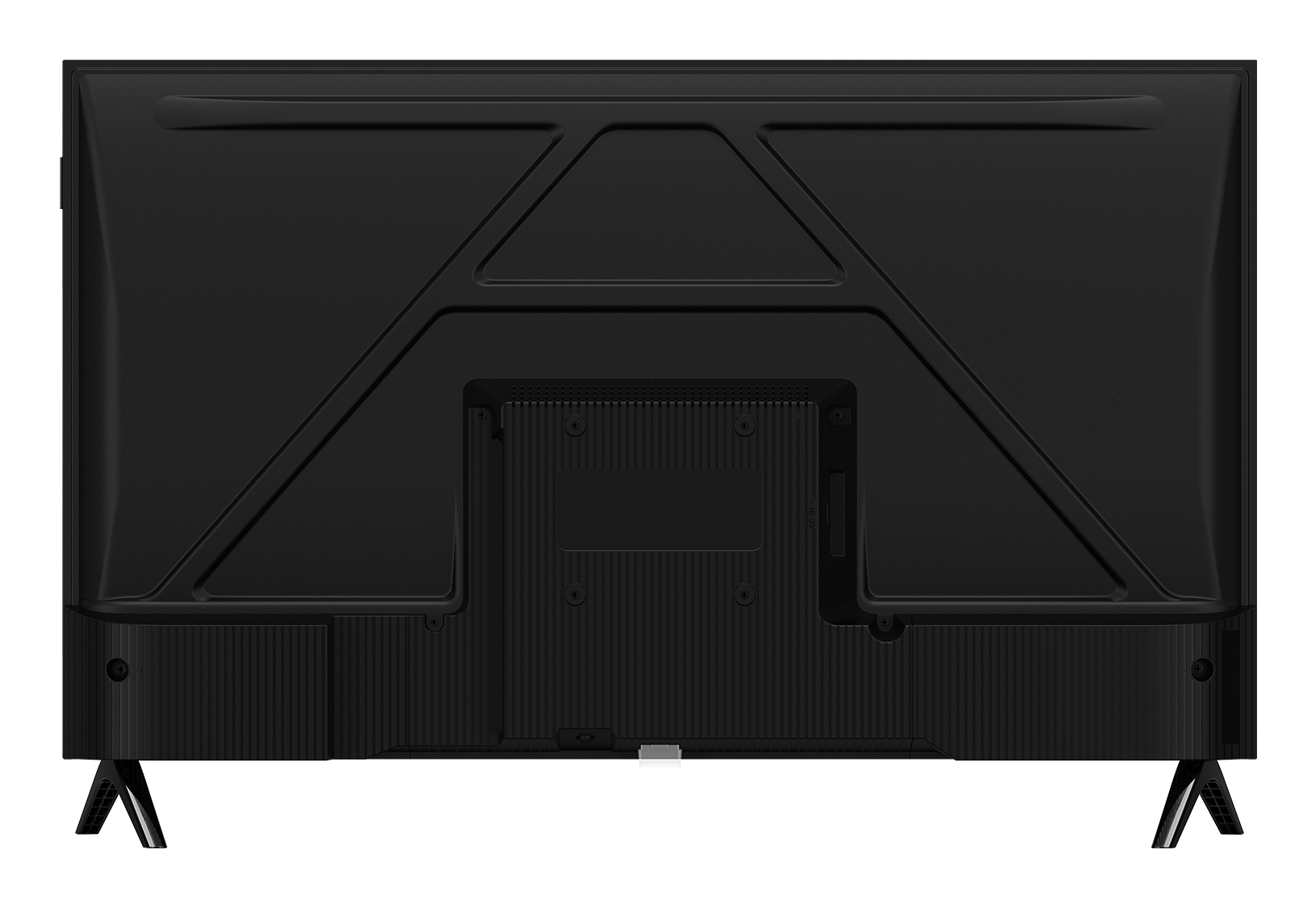 Czarny panel tylny telewizora. Posiada wiele portów i strukturalny design.