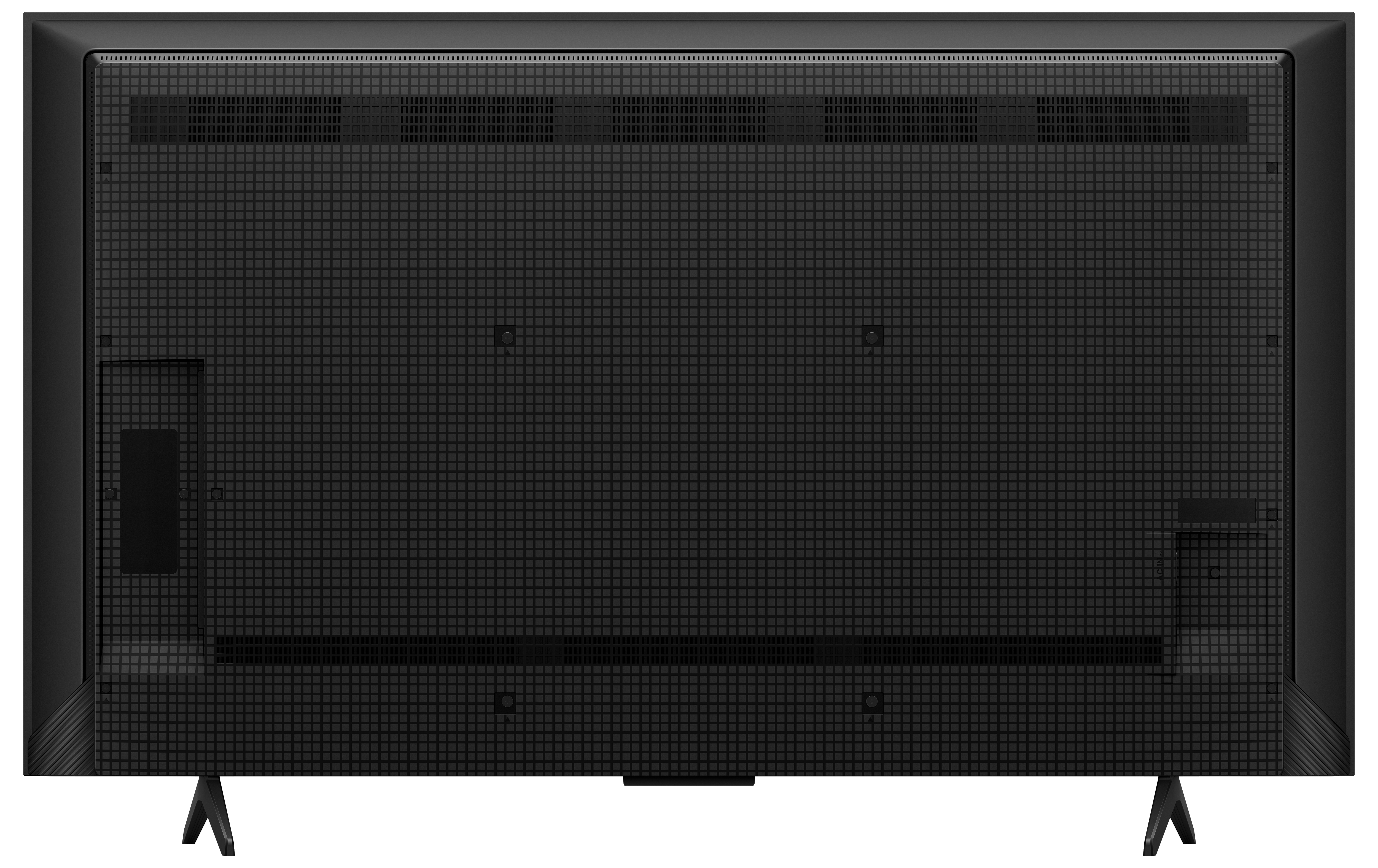 Tył czarnego telewizora ma teksturowany wzór siatki i dwie nóżki zapewniające podparcie.
