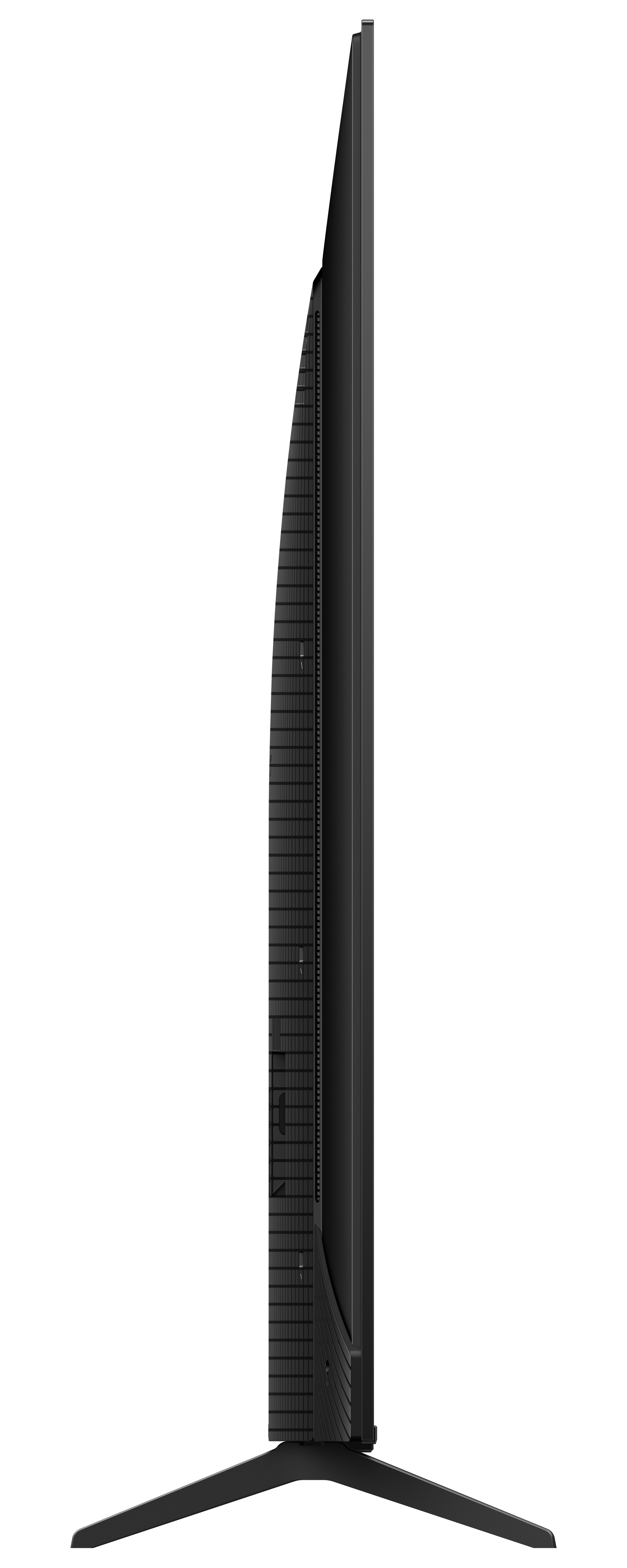 Widok z boku czarnego telewizora, cienki profil z podstawą, na białym tle.